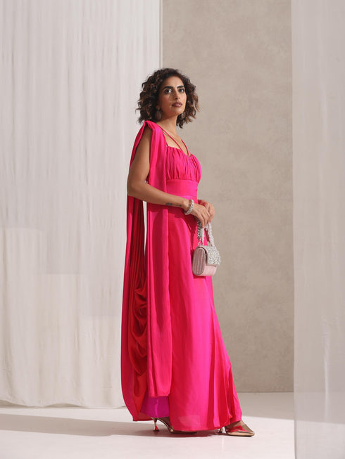 All is Well - Dress Saree with Adjustable Straps in Fuschia Satin
