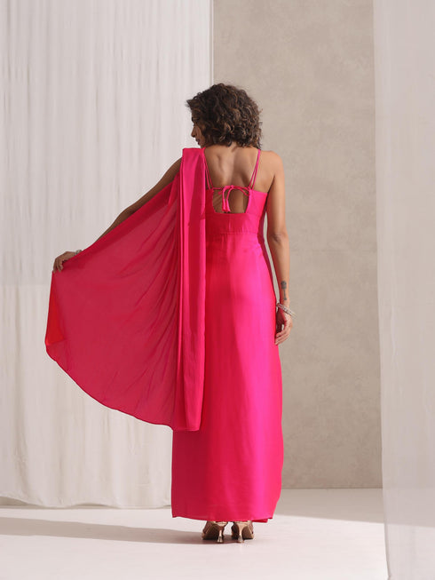 All is Well - Dress Saree with Adjustable Straps in Fuschia Satin