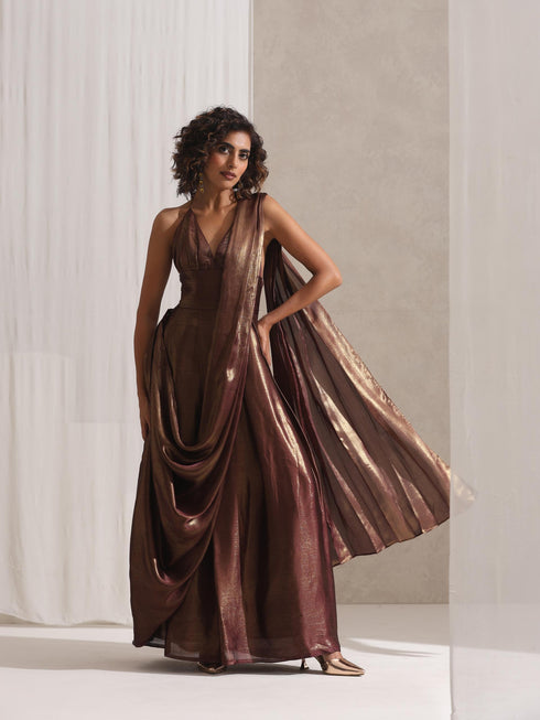 Dripping in Chocolate- Halter Dress Saree with Adjustable Waist in Chocolate Gold Chiffon