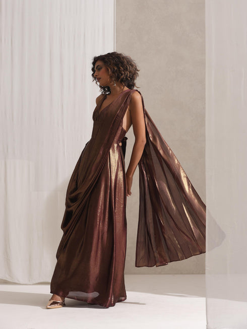 Dripping in Chocolate- Halter Dress Saree with Adjustable Waist in Chocolate Gold Chiffon