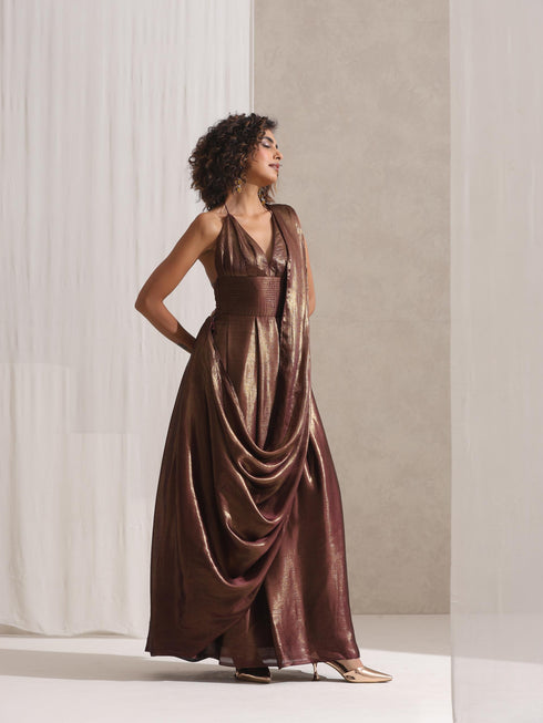 Dripping in Chocolate- Halter Dress Saree with Adjustable Waist in Chocolate Gold Chiffon