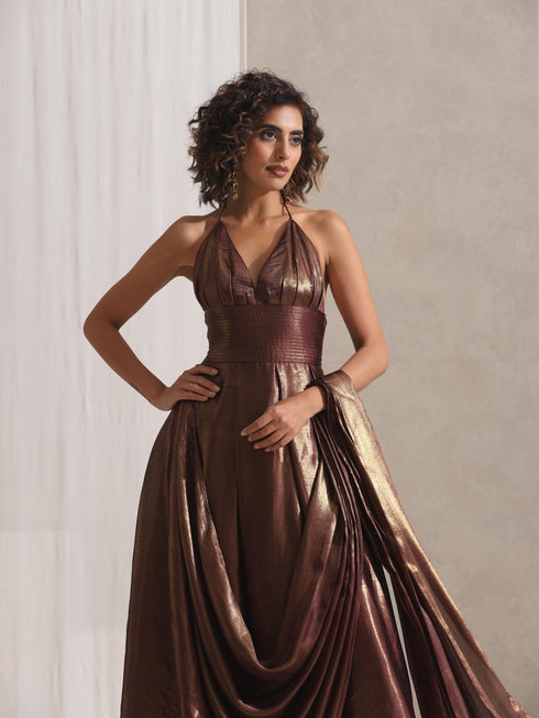 Dripping in Chocolate- Halter Dress Saree with Adjustable Waist in Chocolate Gold Chiffon
