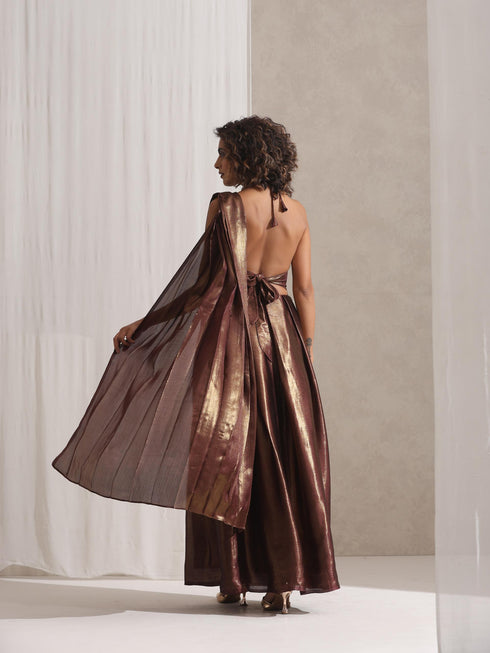 Dripping in Chocolate- Halter Dress Saree with Adjustable Waist in Chocolate Gold Chiffon