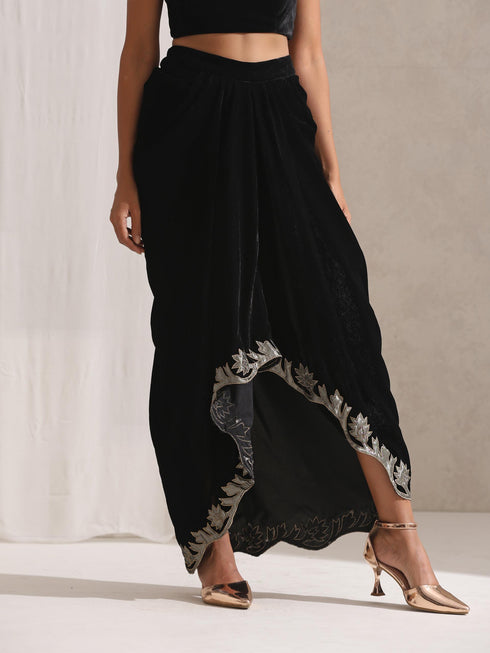 Women's Juicy Black Velvet Dhoti and Jacket with Embroidery and Blouse 3 Piece Set | Jacket Style, Round Neck, Full Sleeves, Dhoti, Festive Wear, Party Wear (Velvet)