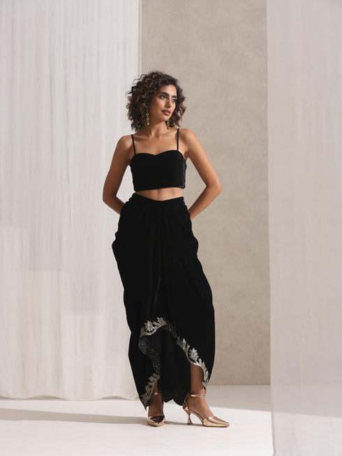 Women's Juicy Black Velvet Dhoti and Jacket with Embroidery and Blouse 3 Piece Set | Jacket Style, Round Neck, Full Sleeves, Dhoti, Festive Wear, Party Wear (Velvet)