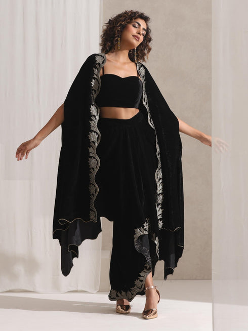 Women's Juicy Black Velvet Dhoti and Jacket with Embroidery and Blouse 3 Piece Set | Jacket Style, Round Neck, Full Sleeves, Dhoti, Festive Wear, Party Wear (Velvet)