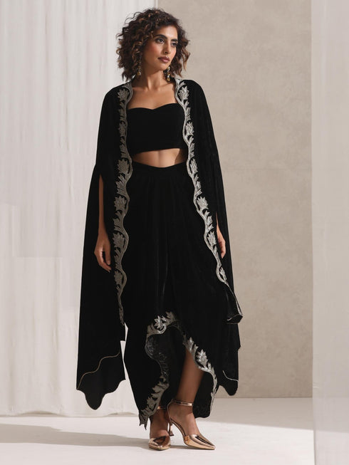 Women's Juicy Black Velvet Dhoti and Jacket with Embroidery and Blouse 3 Piece Set | Jacket Style, Round Neck, Full Sleeves, Dhoti, Festive Wear, Party Wear (Velvet)