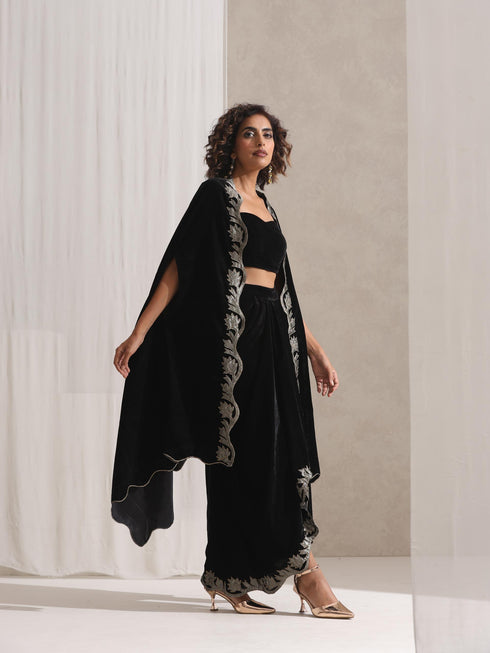 Women's Juicy Black Velvet Dhoti and Jacket with Embroidery and Blouse 3 Piece Set | Jacket Style, Round Neck, Full Sleeves, Dhoti, Festive Wear, Party Wear (Velvet)