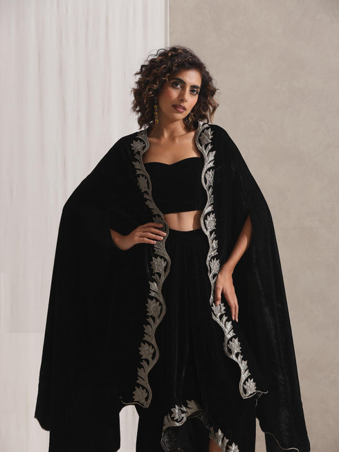 Women's Juicy Black Velvet Dhoti and Jacket with Embroidery and Blouse 3 Piece Set | Jacket Style, Round Neck, Full Sleeves, Dhoti, Festive Wear, Party Wear (Velvet)