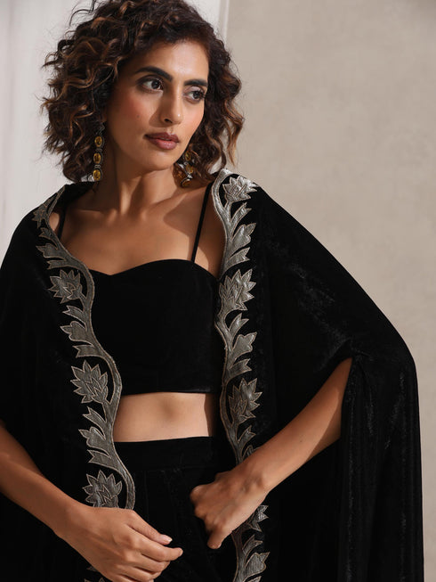 Women's Juicy Black Velvet Dhoti and Jacket with Embroidery and Blouse 3 Piece Set | Jacket Style, Round Neck, Full Sleeves, Dhoti, Festive Wear, Party Wear (Velvet)