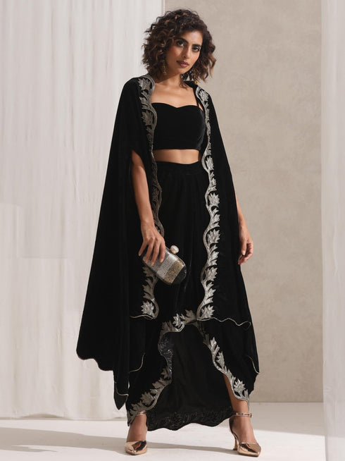Women's Juicy Black Velvet Dhoti and Jacket with Embroidery and Blouse 3 Piece Set | Jacket Style, Round Neck, Full Sleeves, Dhoti, Festive Wear, Party Wear (Velvet)