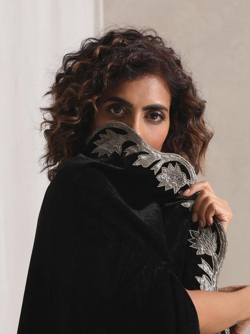 Women's Juicy Black Velvet Dhoti and Jacket with Embroidery and Blouse 3 Piece Set | Jacket Style, Round Neck, Full Sleeves, Dhoti, Festive Wear, Party Wear (Velvet)