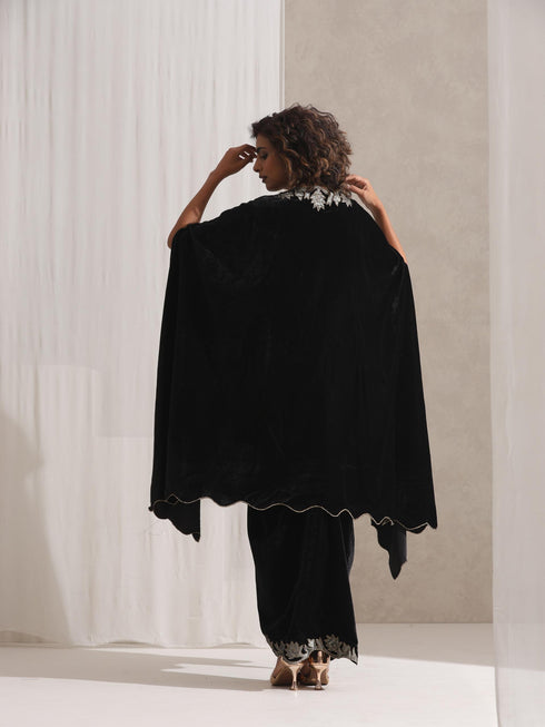 Women's Juicy Black Velvet Dhoti and Jacket with Embroidery and Blouse 3 Piece Set | Jacket Style, Round Neck, Full Sleeves, Dhoti, Festive Wear, Party Wear (Velvet)