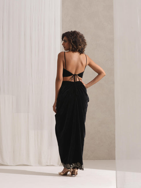 Women's Juicy Black Velvet Dhoti and Jacket with Embroidery and Blouse 3 Piece Set | Jacket Style, Round Neck, Full Sleeves, Dhoti, Festive Wear, Party Wear (Velvet)