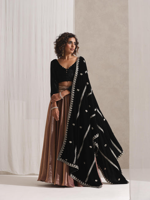 Women's Arabian Glamour Gold Metallic Sharara with Velvet Blouse and Beaded Black Shawl 3 Piece Set | Sharara, V Neck, Full Sleeve, Shawl, Festive Wear, (Metallic Velvet)