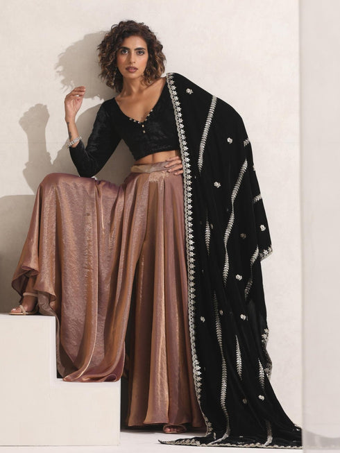 Women's Arabian Glamour Gold Metallic Sharara with Velvet Blouse and Beaded Black Shawl 3 Piece Set | Sharara, V Neck, Full Sleeve, Shawl, Festive Wear, (Metallic Velvet)