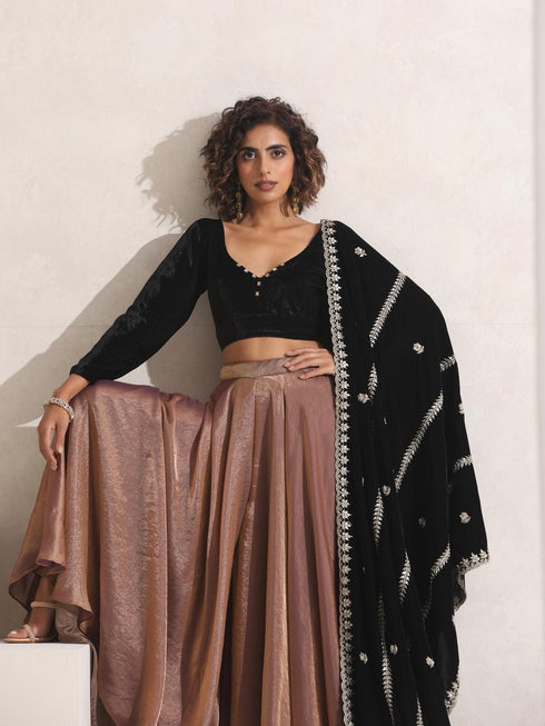 Women's Arabian Glamour Gold Metallic Sharara with Velvet Blouse and Beaded Black Shawl 3 Piece Set | Sharara, V Neck, Full Sleeve, Shawl, Festive Wear, (Metallic Velvet)