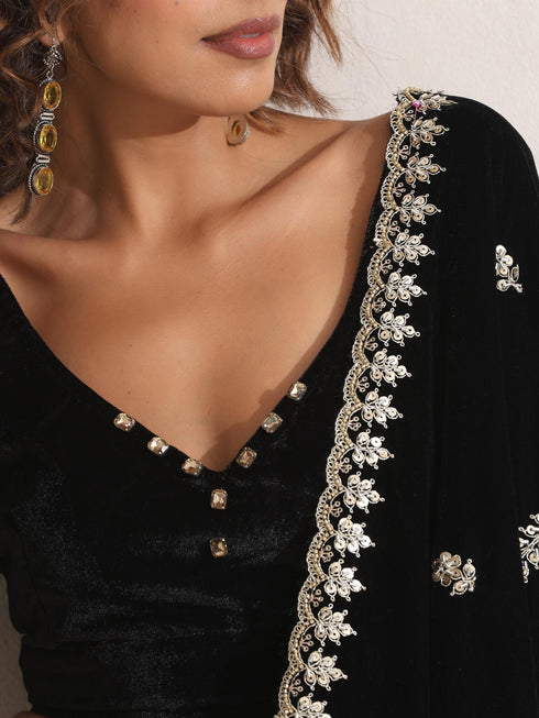 Women's Arabian Glamour Gold Metallic Sharara with Velvet Blouse and Beaded Black Shawl 3 Piece Set | Sharara, V Neck, Full Sleeve, Shawl, Festive Wear, (Metallic Velvet)