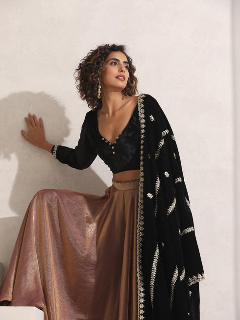 Women's Arabian Glamour Gold Metallic Sharara with Velvet Blouse and Beaded Black Shawl 3 Piece Set | Sharara, V Neck, Full Sleeve, Shawl, Festive Wear, (Metallic Velvet)