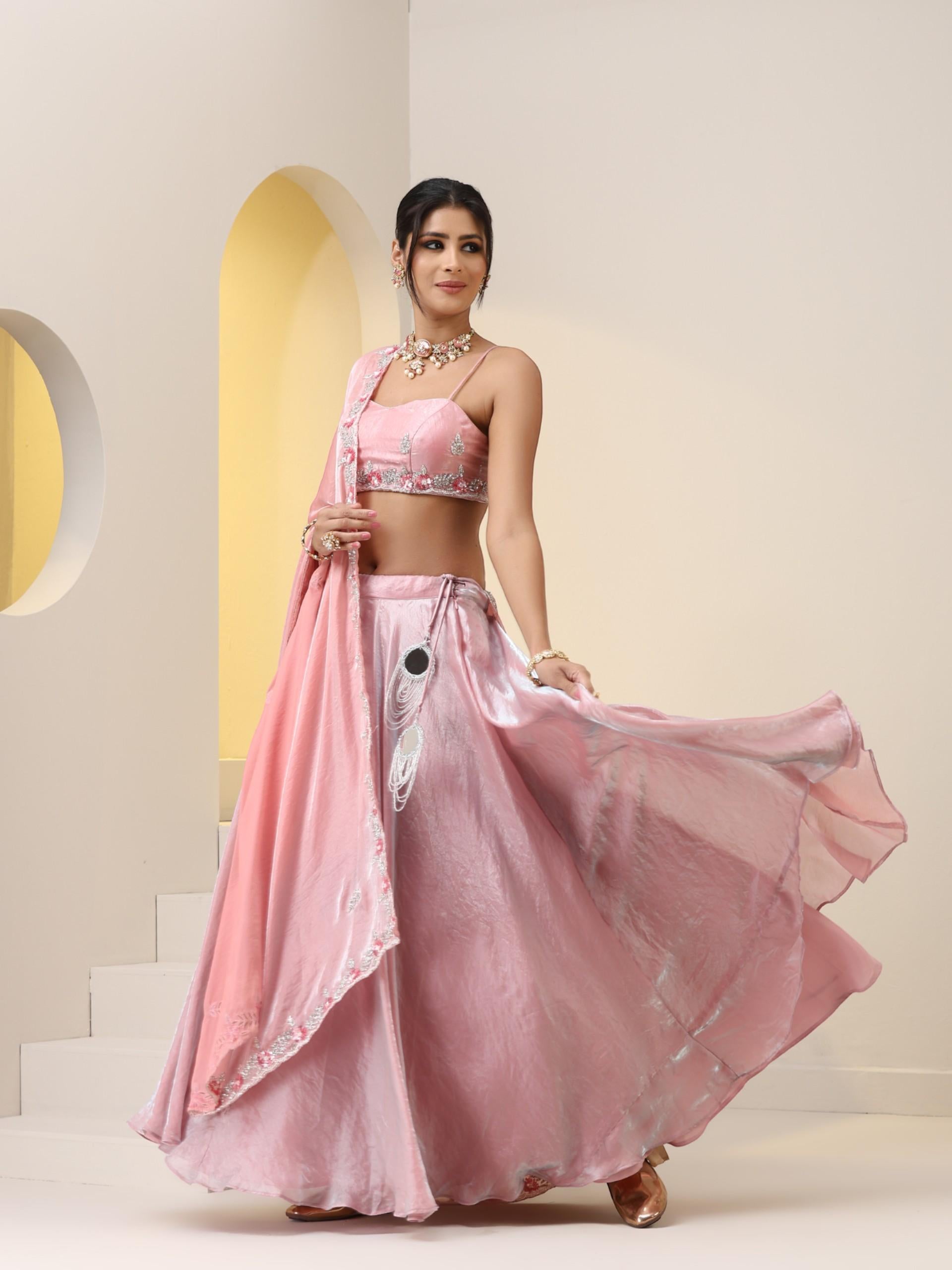 3 pc SET - Pink Blue Metallic Satin Lehenga with Hand Embroidered Cut Dana Blouse Fabric and Dupatta