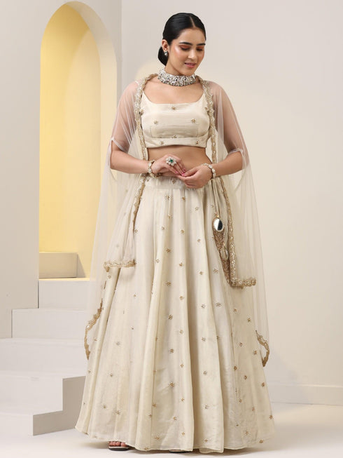 Enchanting Pure Silk Tissue Beaded Lehenga with Net Dupatta and Blouse Fabric