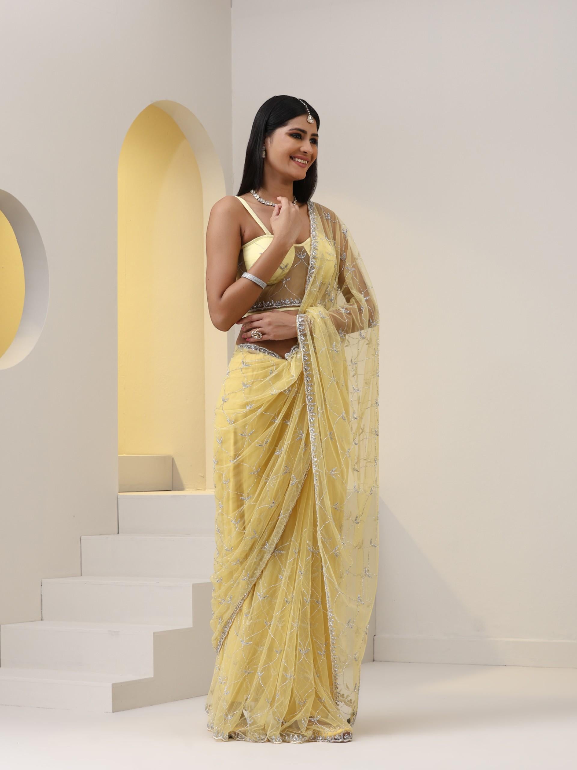 Topaz Yellow Net Cut Dana Embroidery Saree with Blouse Fabric