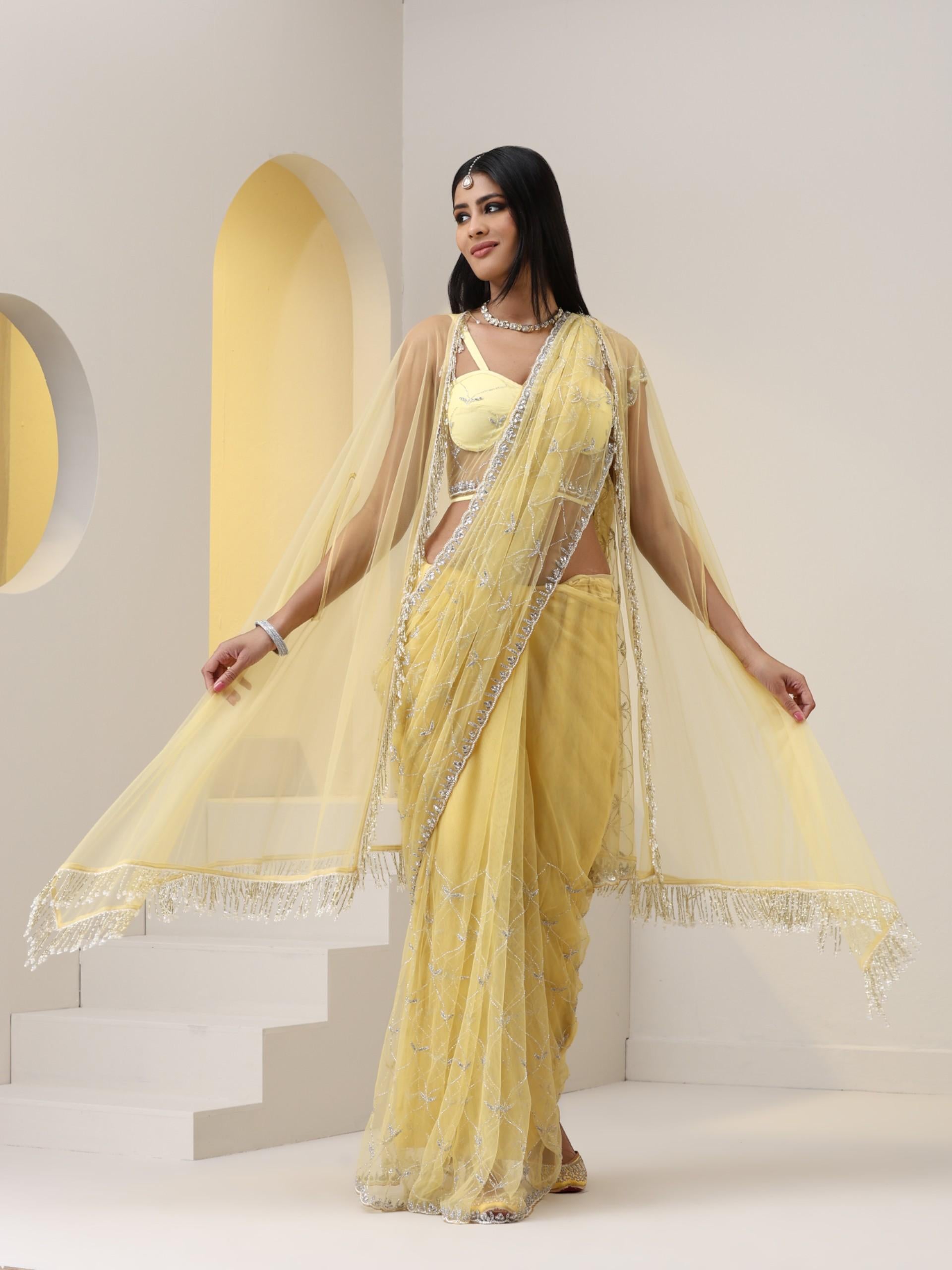 Yellow Net Jacket with Lace