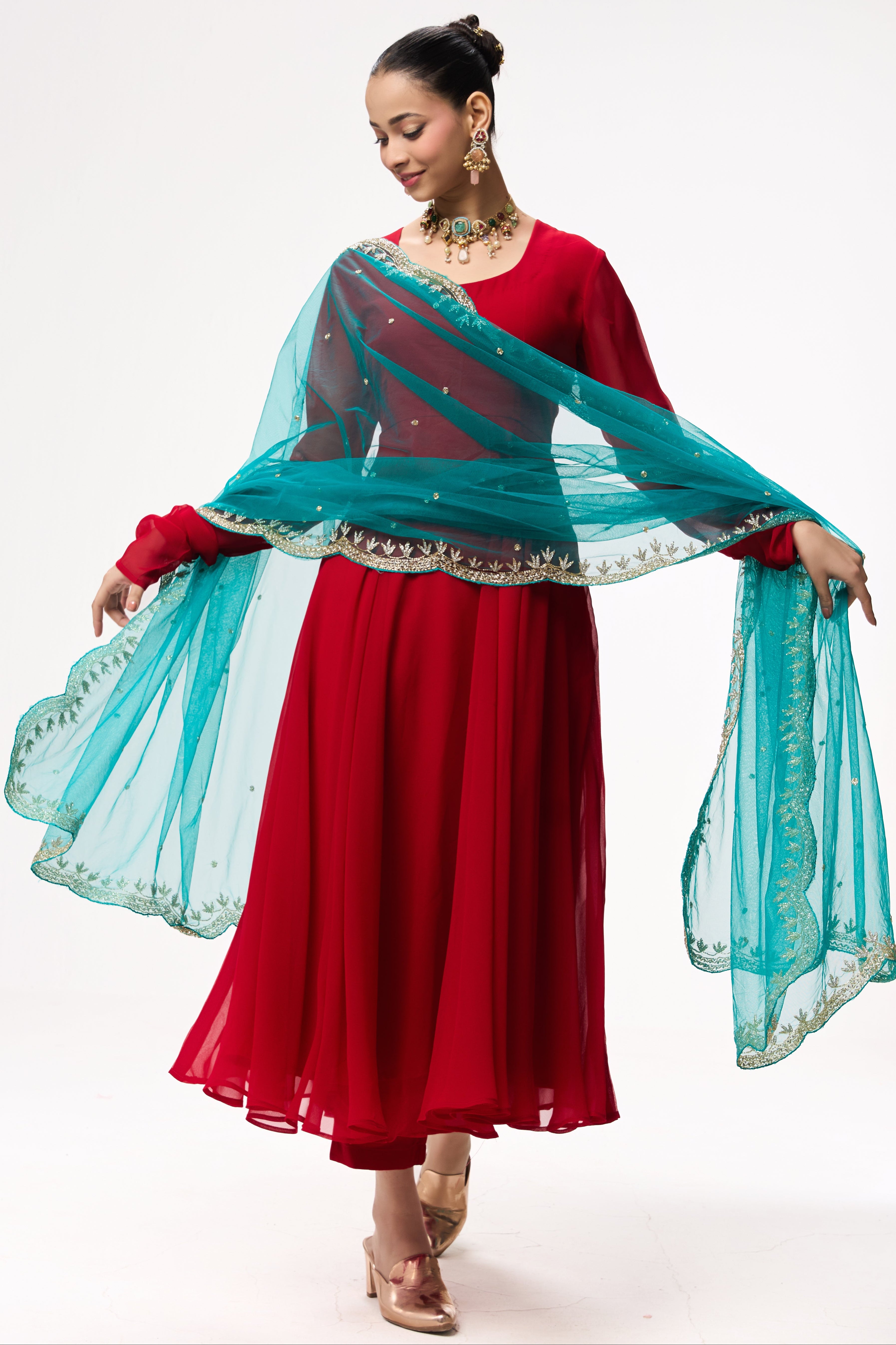 3 pc Suit Set - Power Red Georgette Long Sleeve Anarkali Suit with Pants and Teal Hand Embrodiered Dupatta