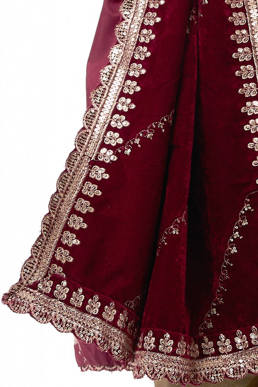 Diagonal Stripe Purple Embroidered Velvet Shawl