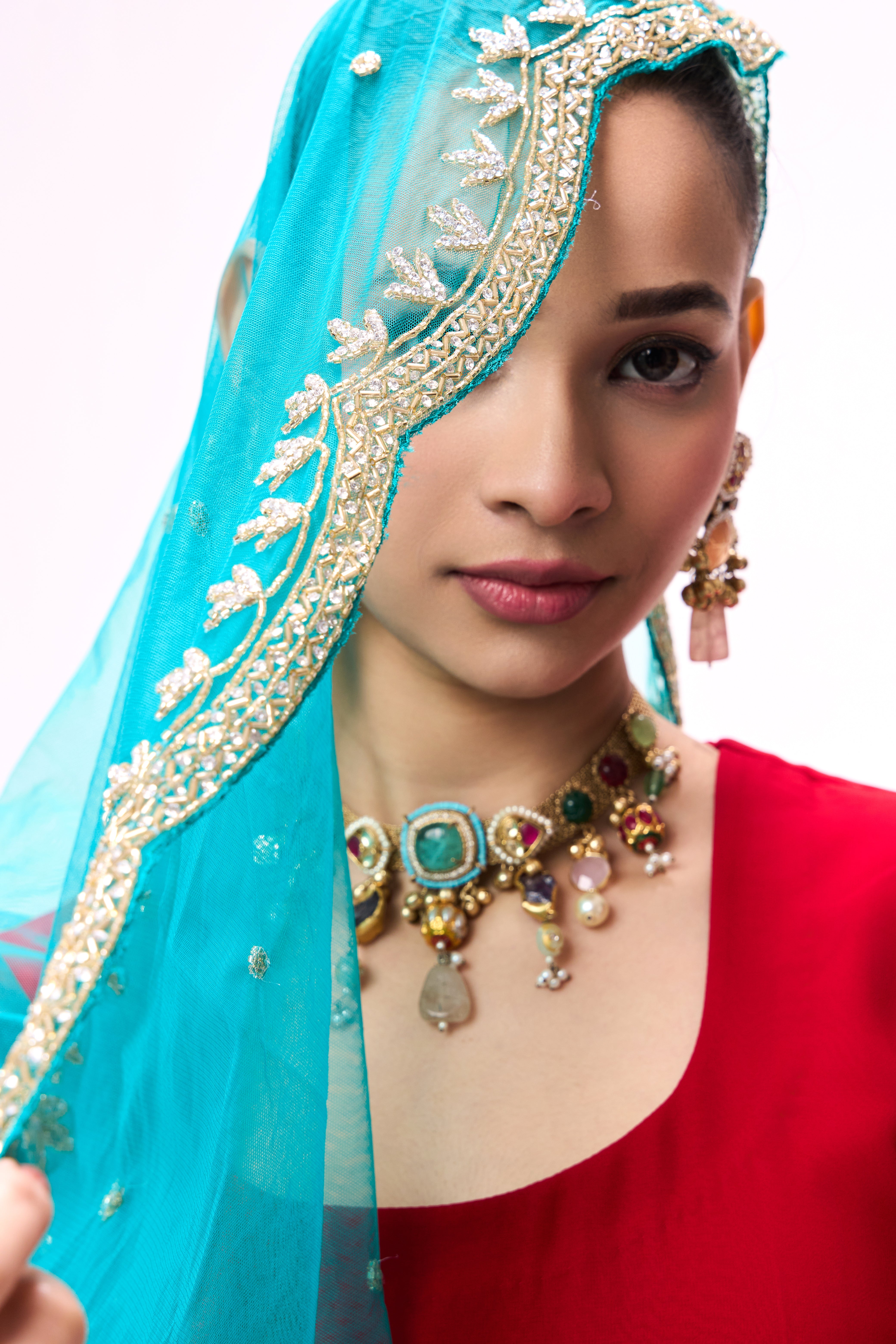 3 pc Suit Set - Power Red Georgette Long Sleeve Anarkali Suit with Pants and Teal Hand Embrodiered Dupatta