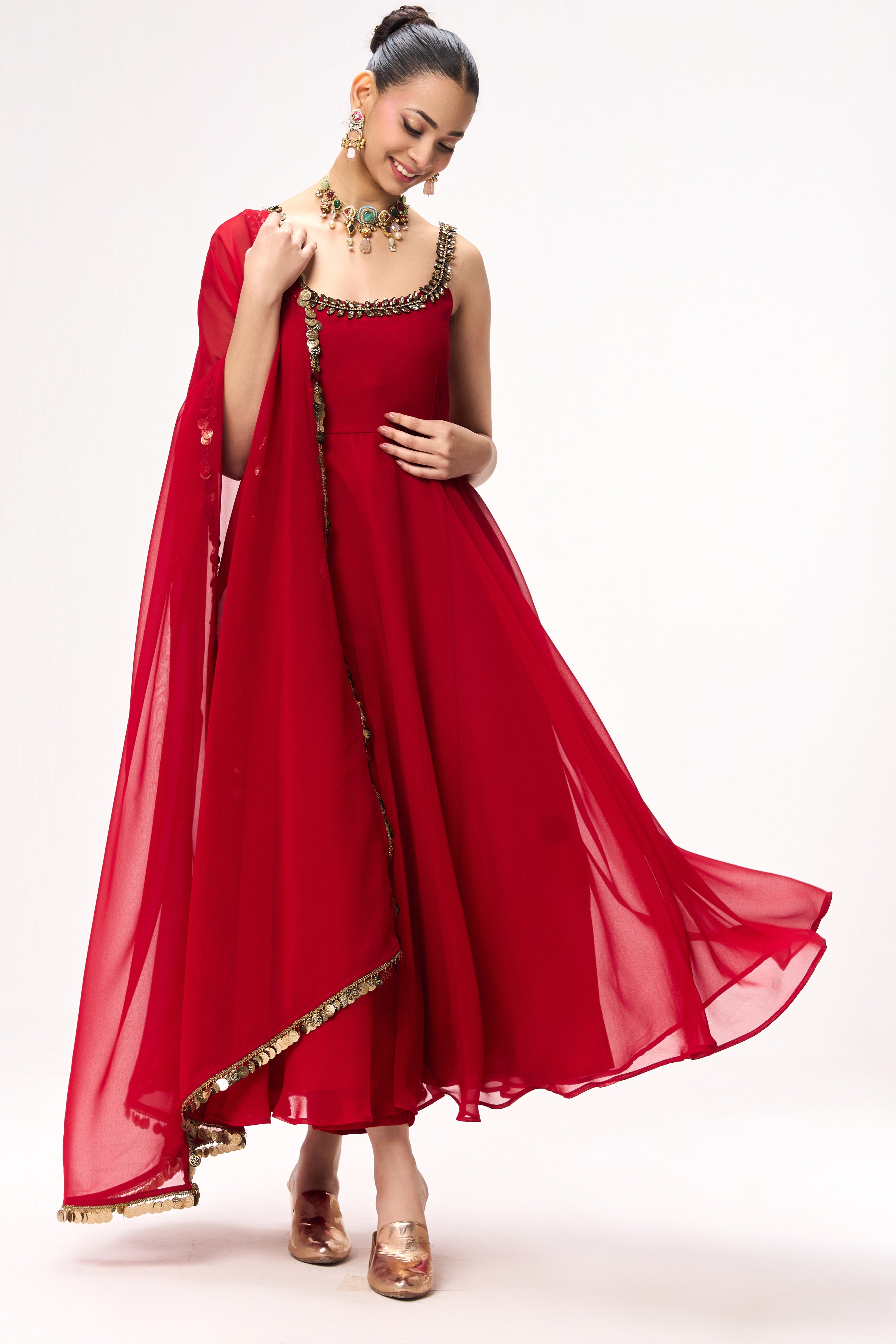 3 pc Suit Set - Power Red Georgette Glass Beads Front and Back Neck Sleeveless Anarkali Suit with Pants and Dupatta