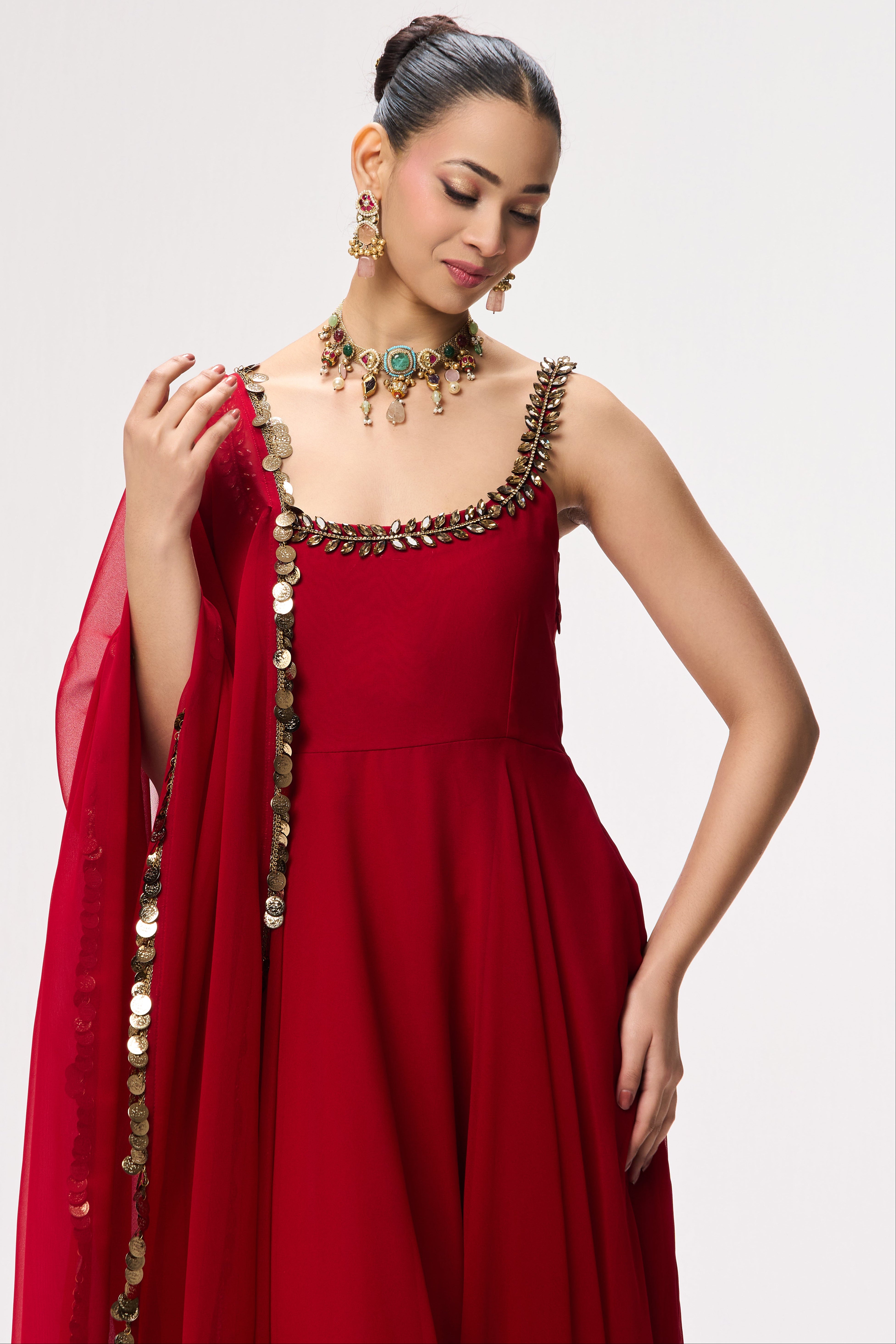 3 pc Suit Set - Power Red Georgette Glass Beads Front and Back Neck Sleeveless Anarkali Suit with Pants and Dupatta