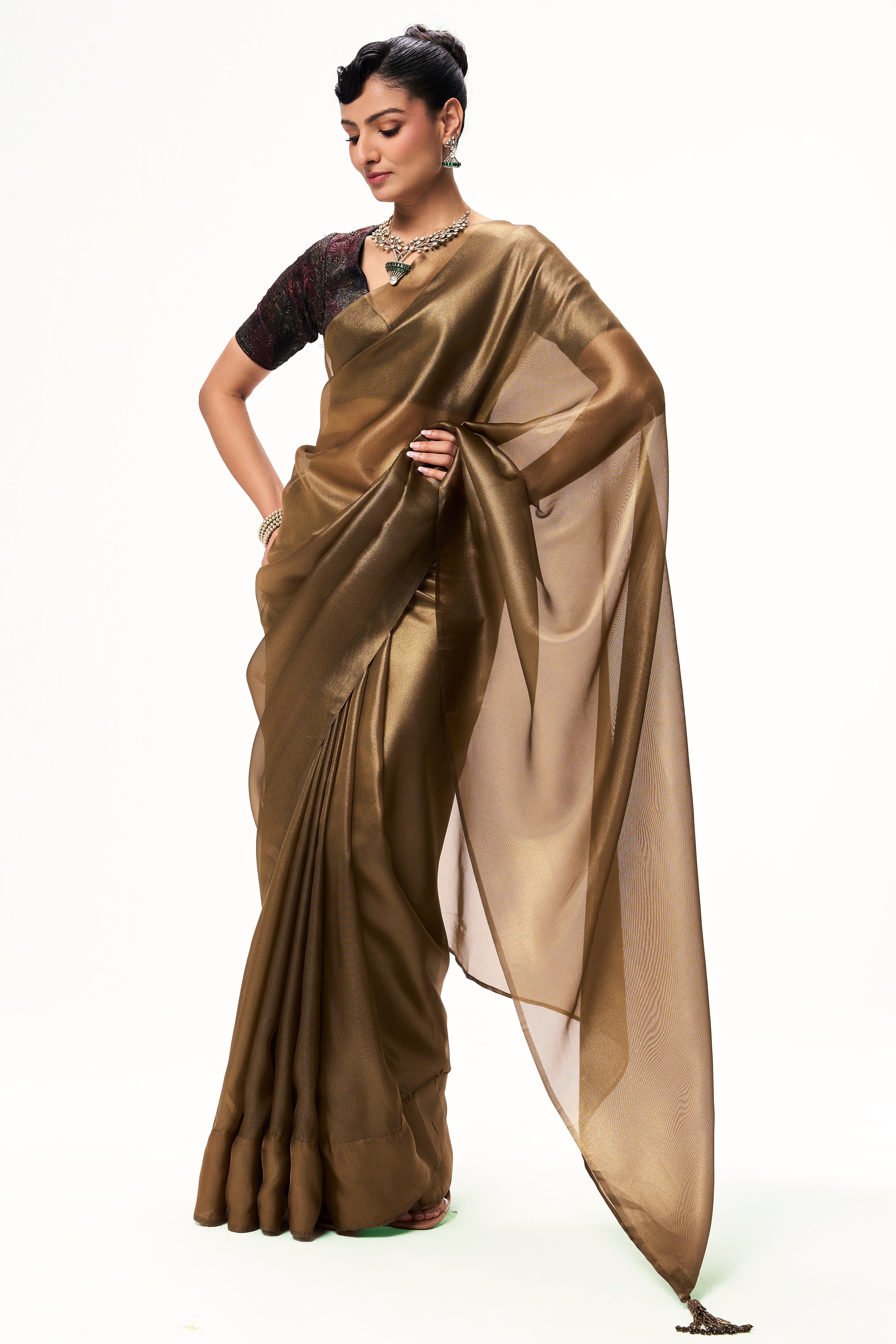 Bronze Foil Organza Saree with Embroidered Blouse Fabric