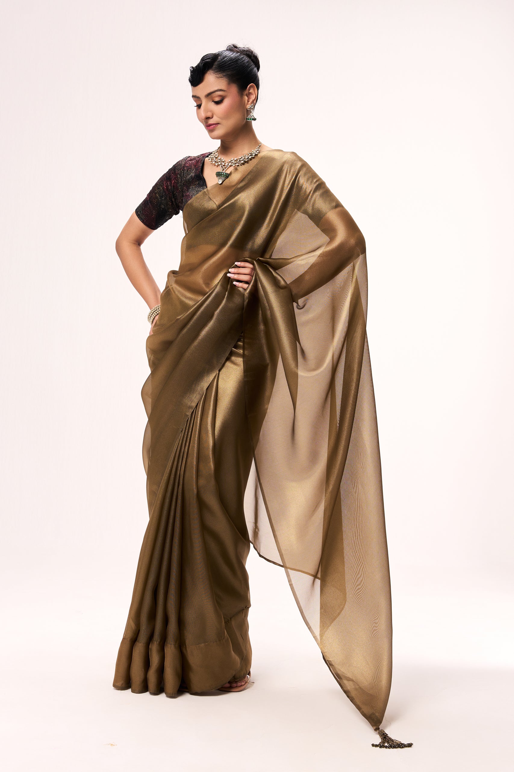 Bronze Foil Organza Saree with Embroidered Blouse Fabric