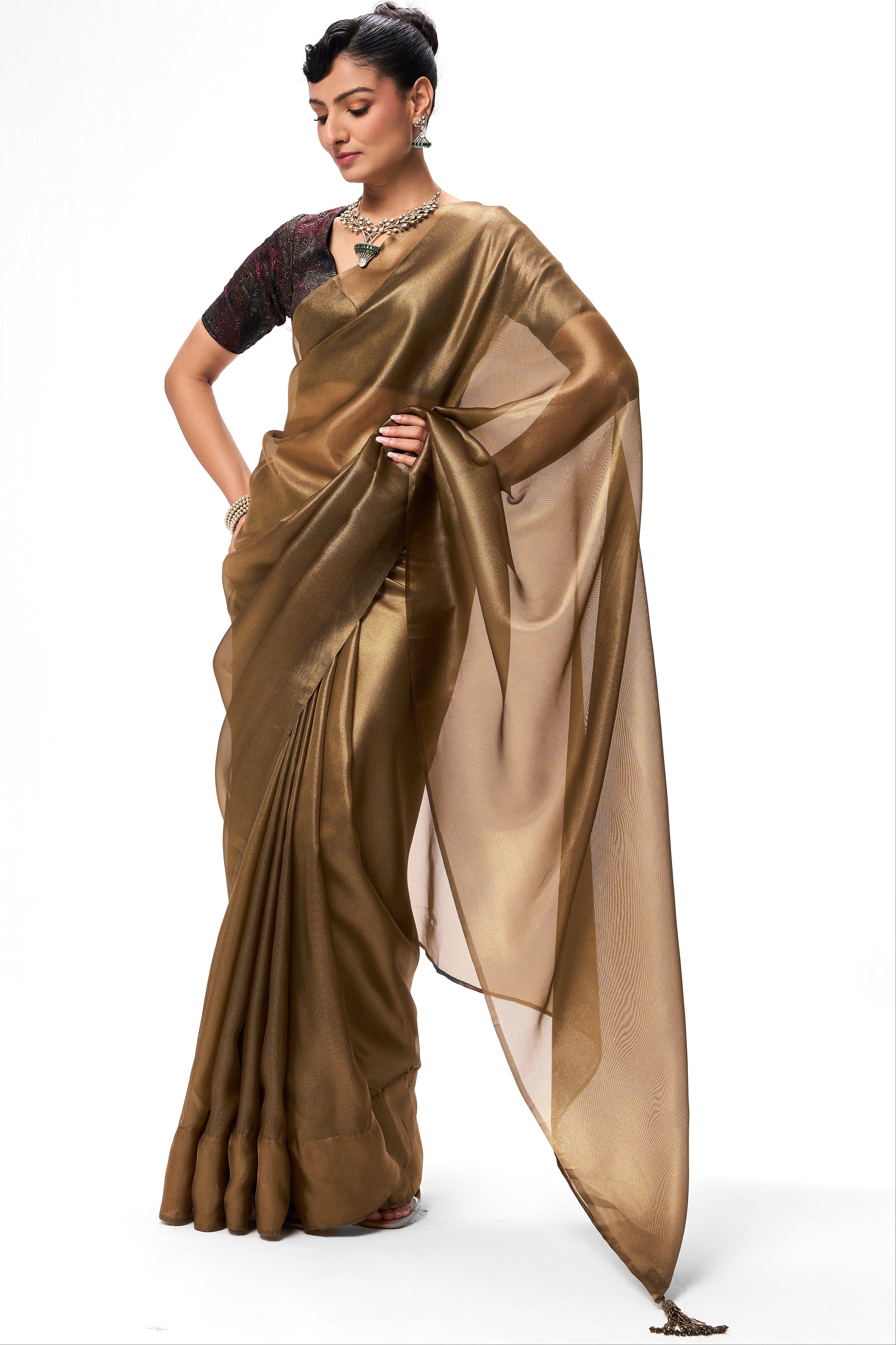 Bronze Foil Organza Saree with Embroidered Blouse Fabric