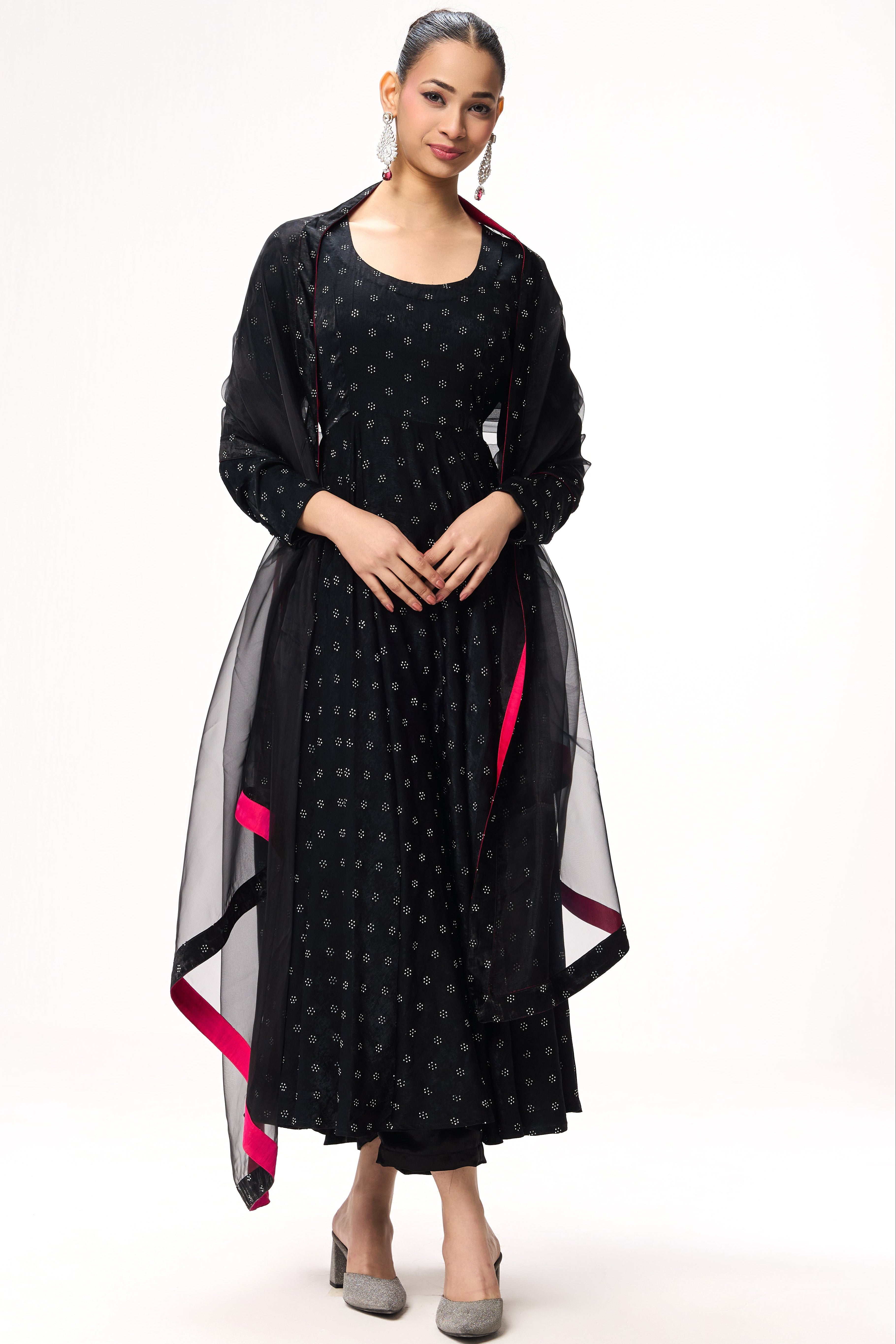 3 pc Suit Set - Black Silver Posh Long Sleeve Anarkali Suit with Pants and Glass Dupatta with Border