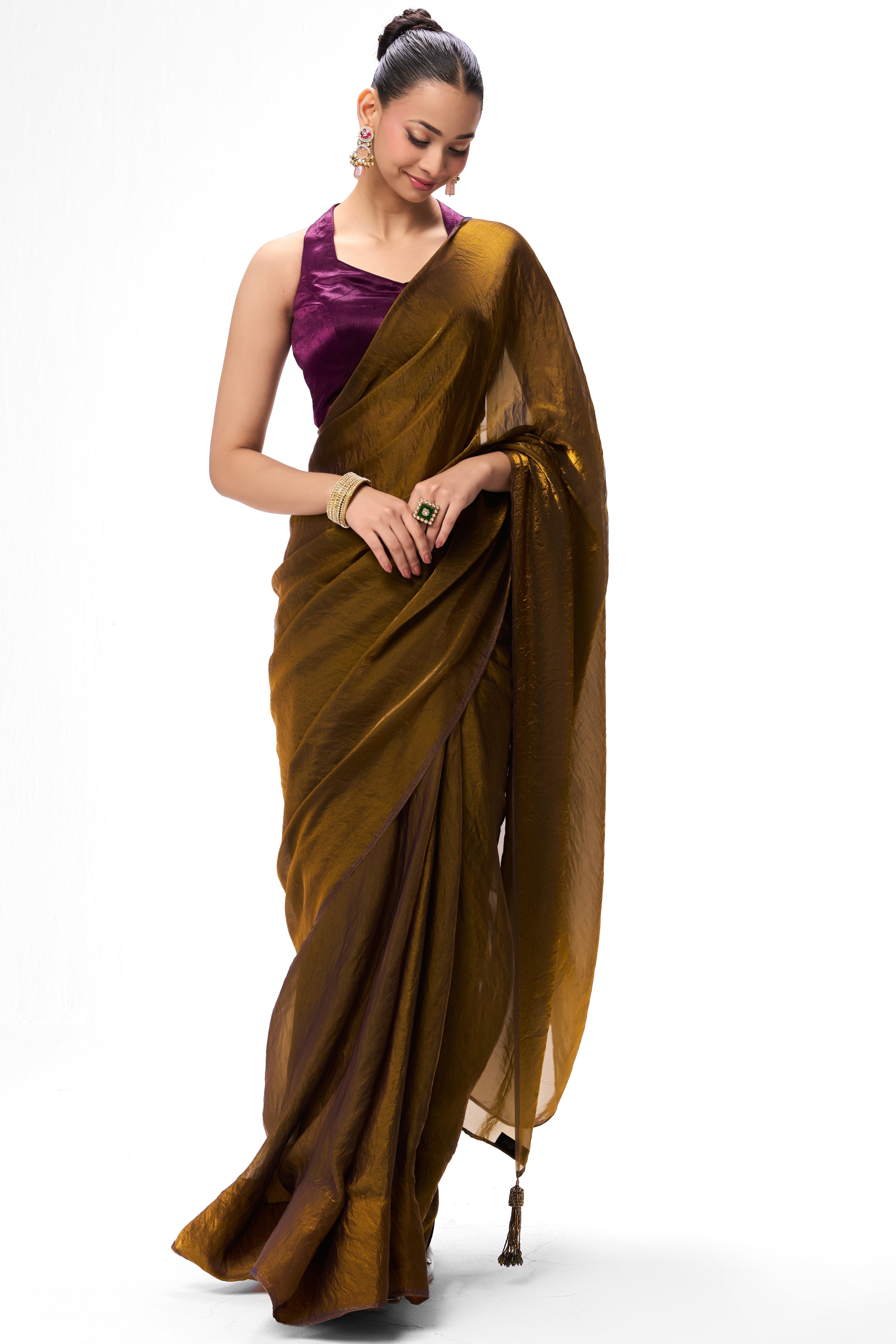 Gold Purple Metallic Satin Saree with Purple Sequin Readymade Blouse