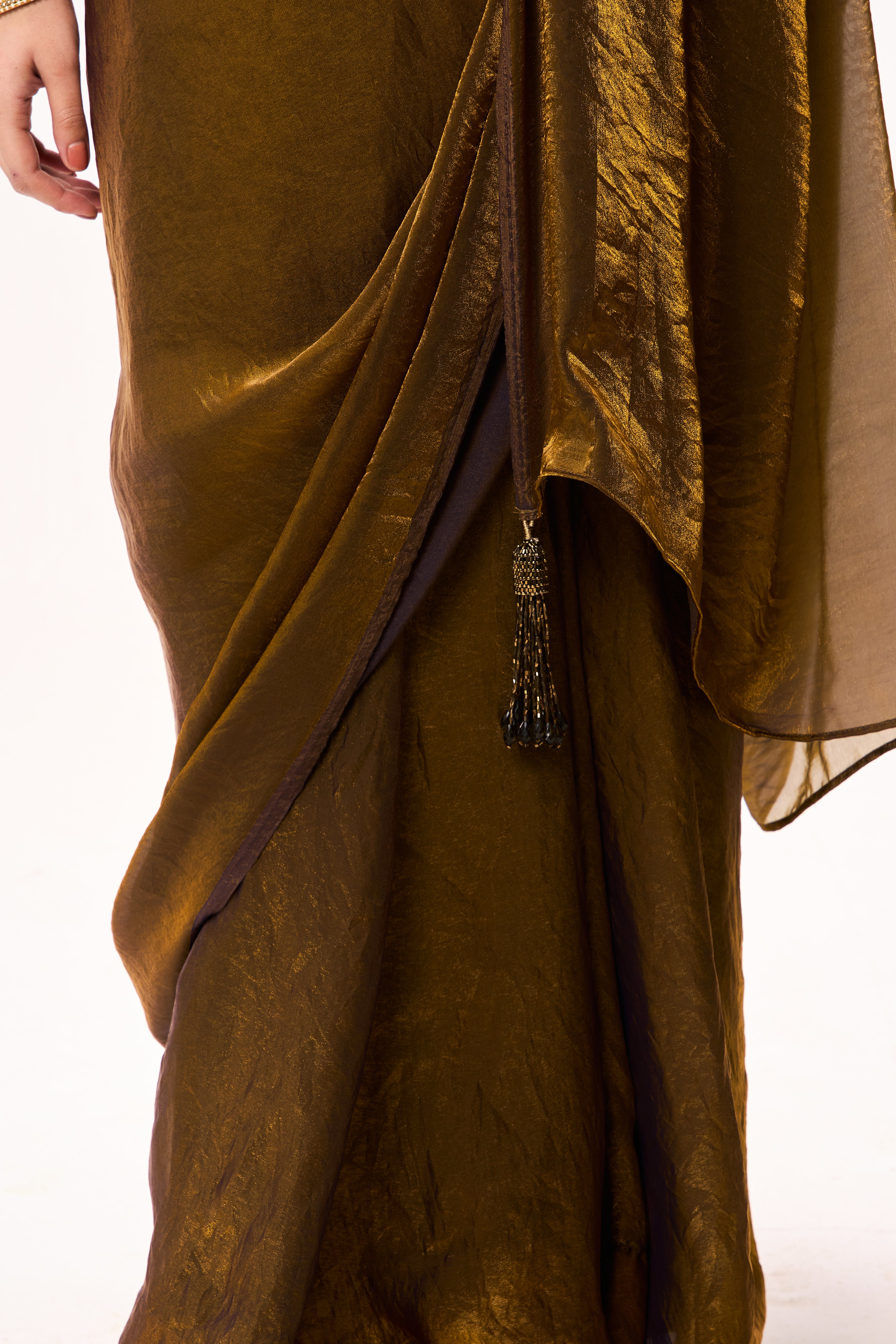 Gold Purple Metallic Satin Saree with Purple Sequin Readymade Blouse