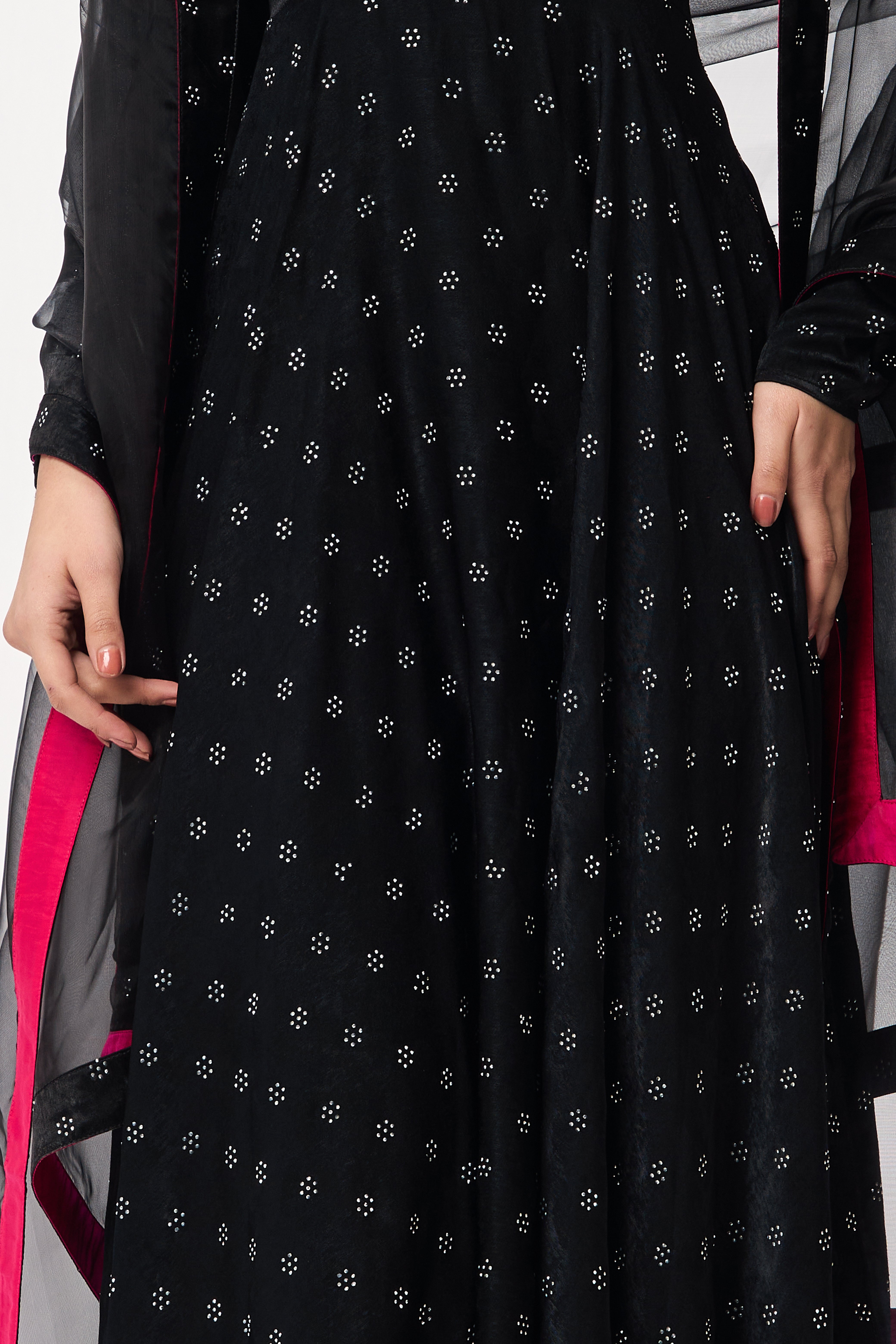 3 pc Suit Set - Black Silver Posh Long Sleeve Anarkali Suit with Pants and Glass Dupatta with Border