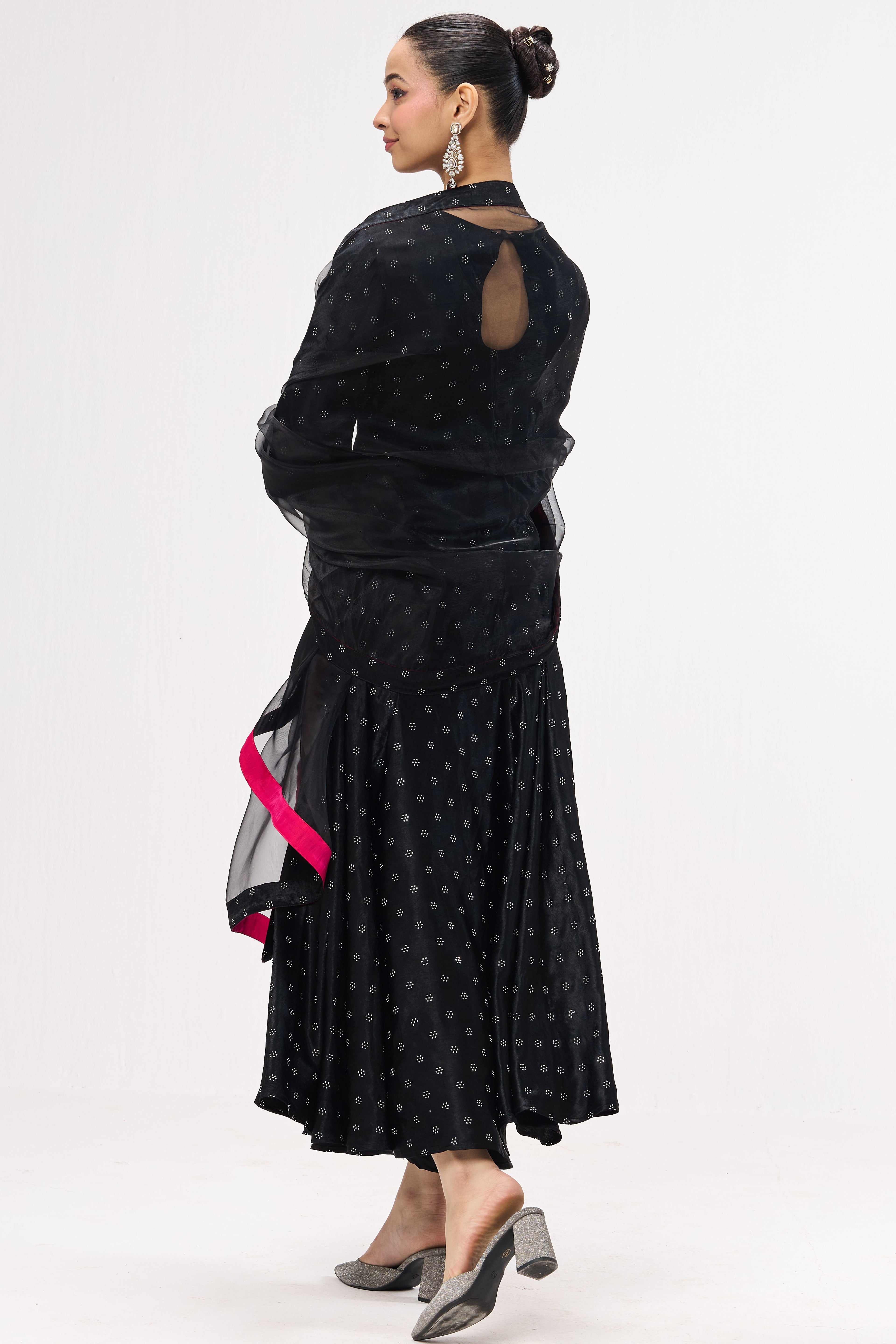 3 pc Suit Set - Black Silver Posh Long Sleeve Anarkali Suit with Pants and Glass Dupatta with Border