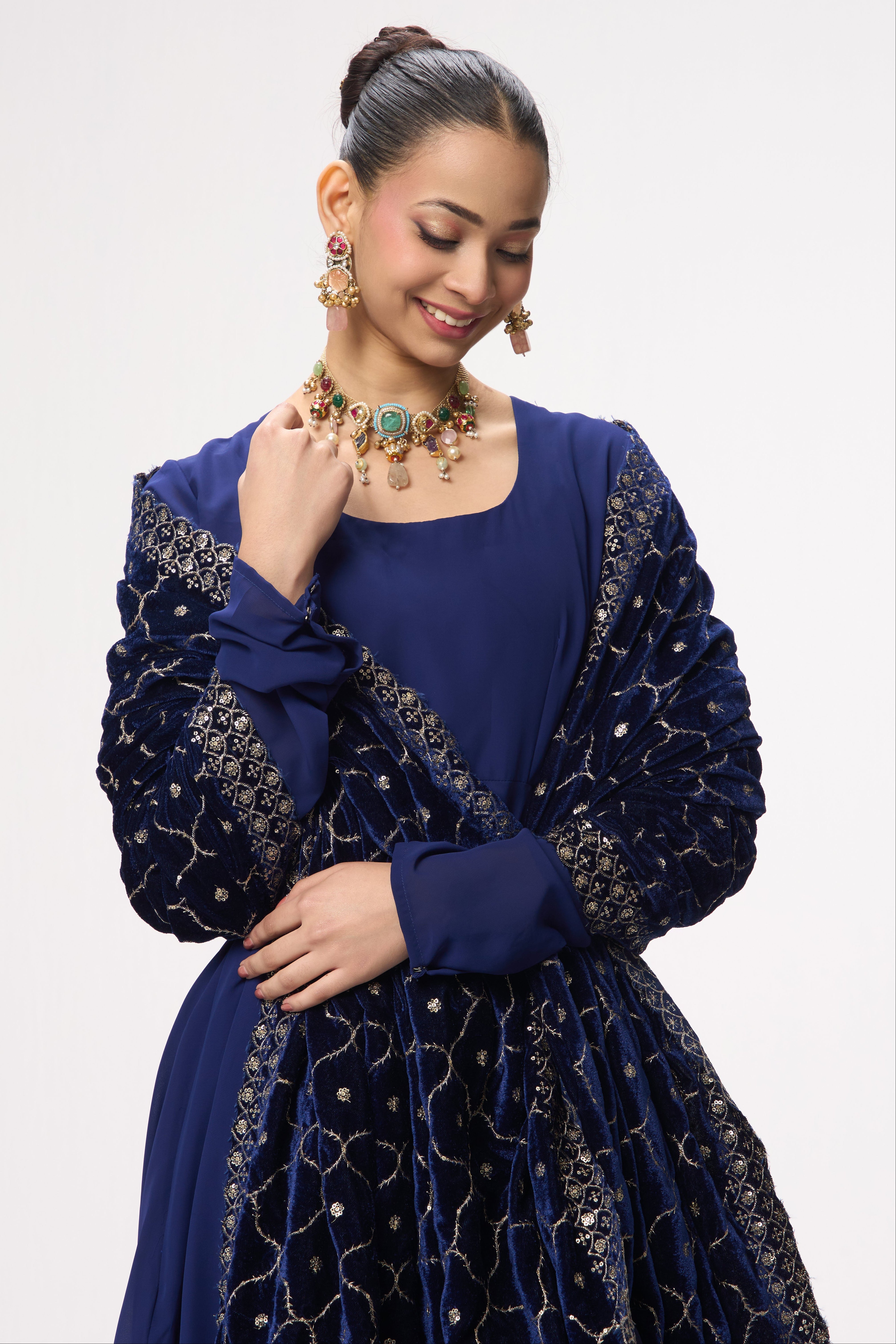 3 pc Suit Set - Blue Georgette Long Sleeve Anarkali Suit with Pants and Embrodiered Velvet Dupatta Shawl