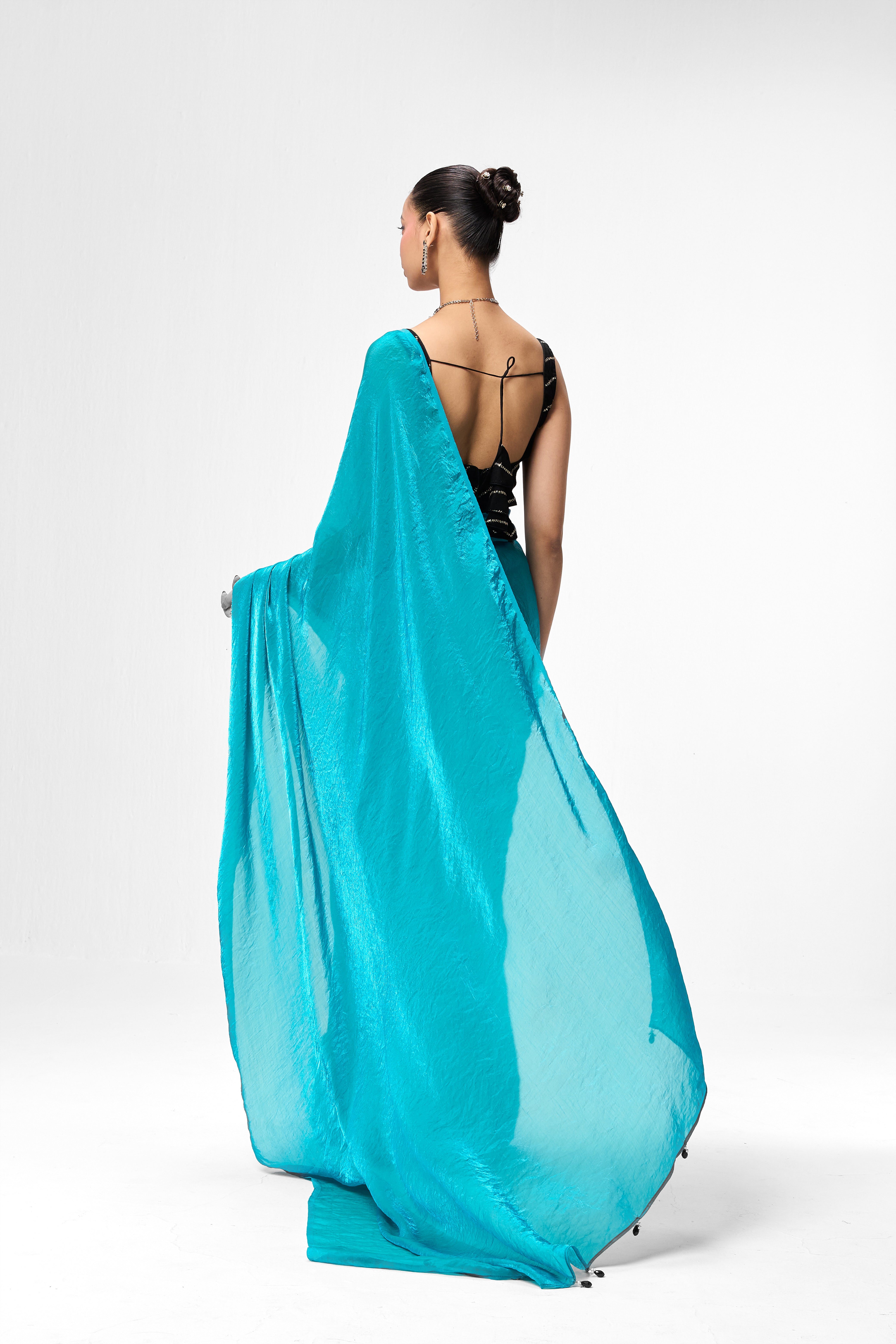 With Readymade Blouse - Azure Blue Metallic Satin Saree with Black Sequin Readymade Blouse