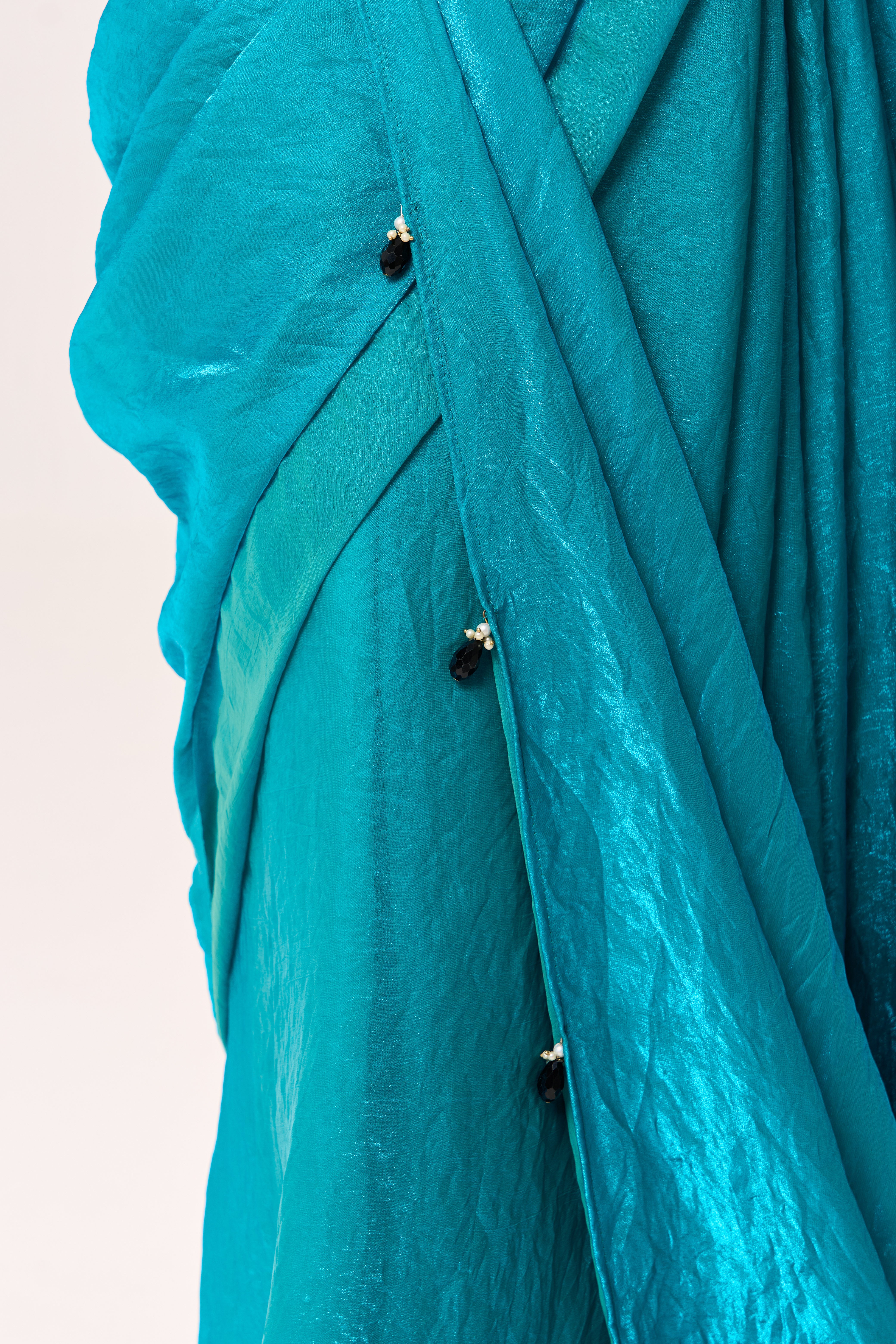 With Readymade Blouse - Azure Blue Metallic Satin Saree with Black Sequin Readymade Blouse