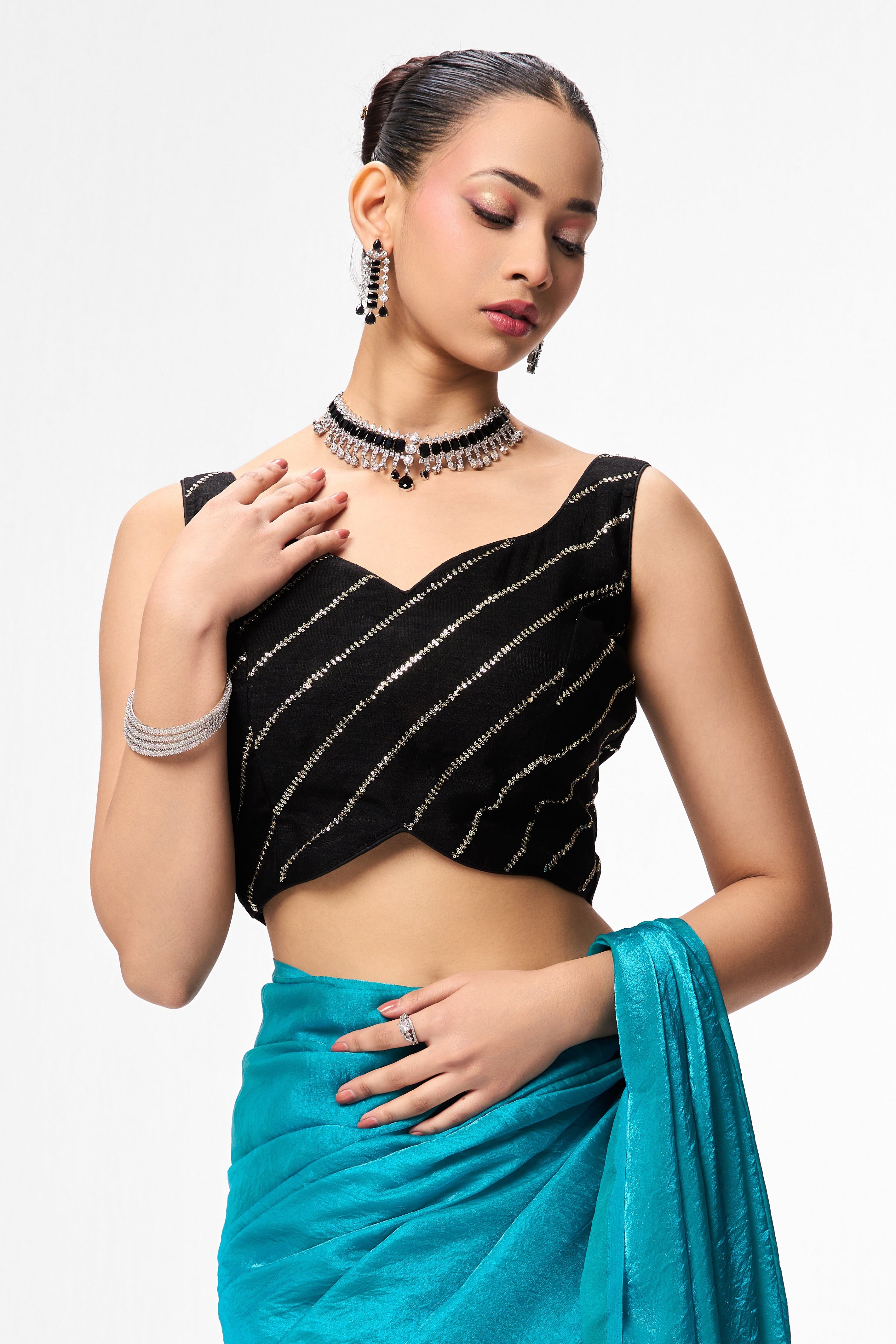 Black Sequin Stripe Blouse ā Free-Size Adjustable 32ā40 inches | Partywear Ready-to-Wear Blouse