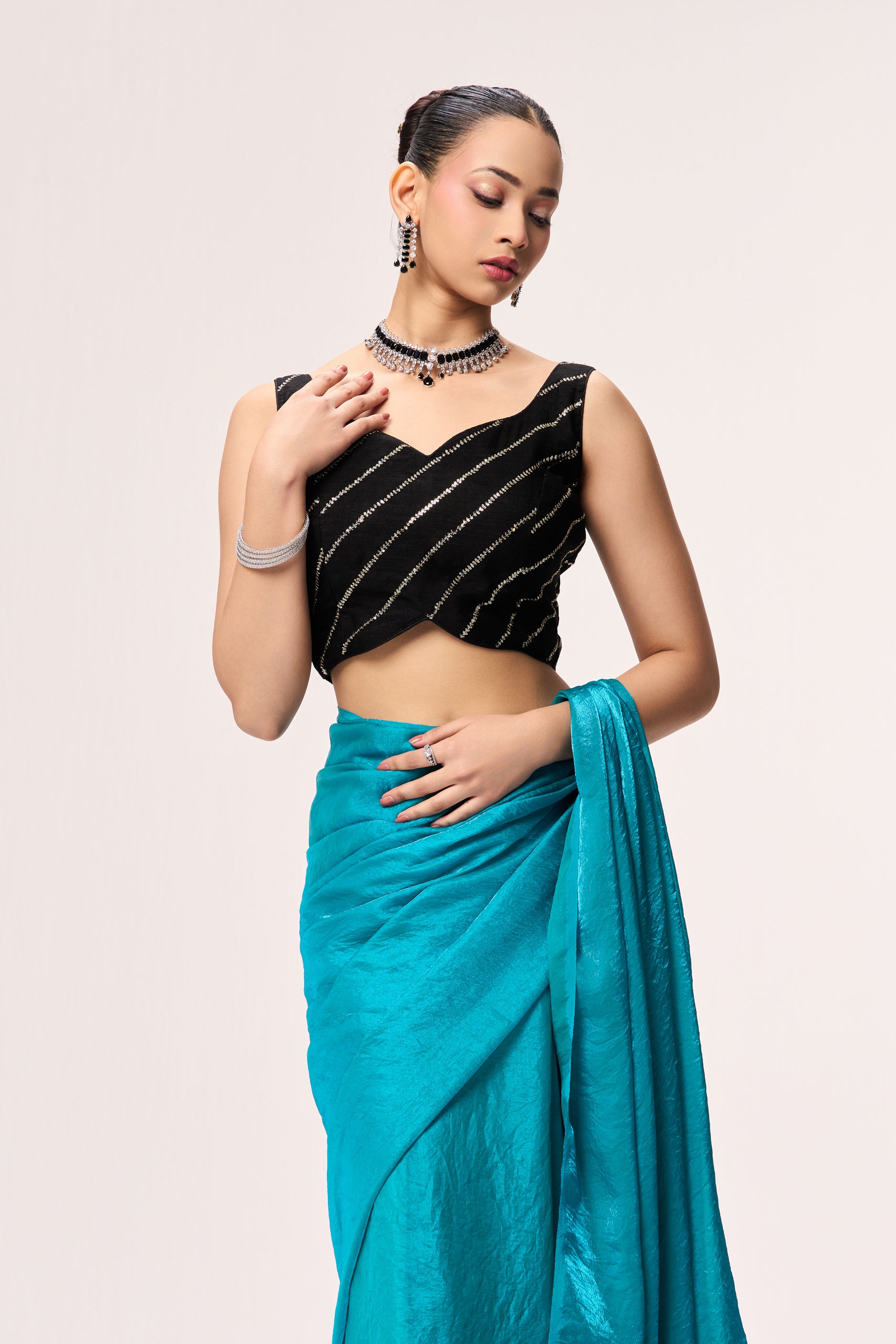 Azure Blue Metallic Satin Saree with Black Sequin Readymade Blouse