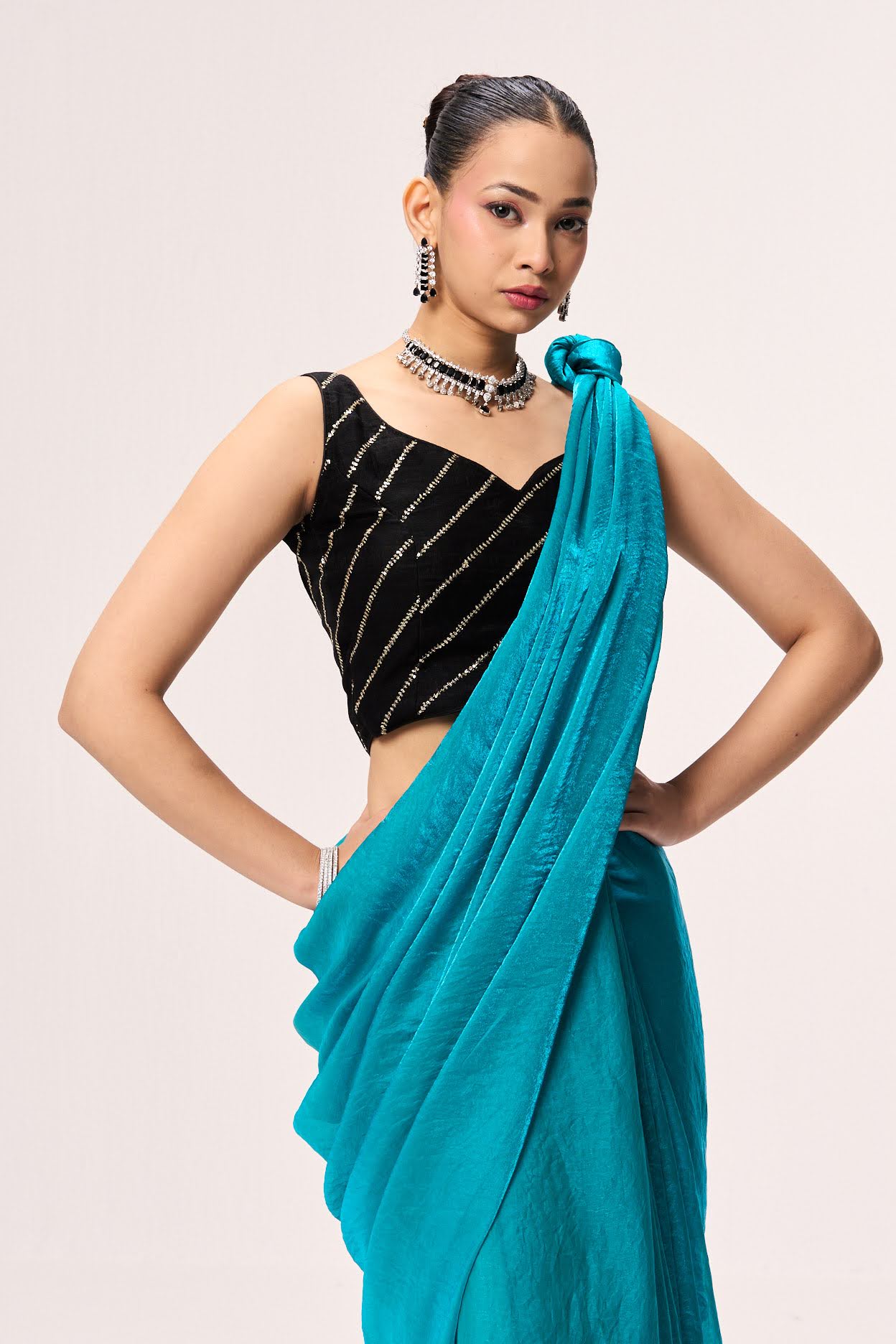 With Readymade Blouse - Azure Blue Metallic Satin Saree with Black Sequin Readymade Blouse