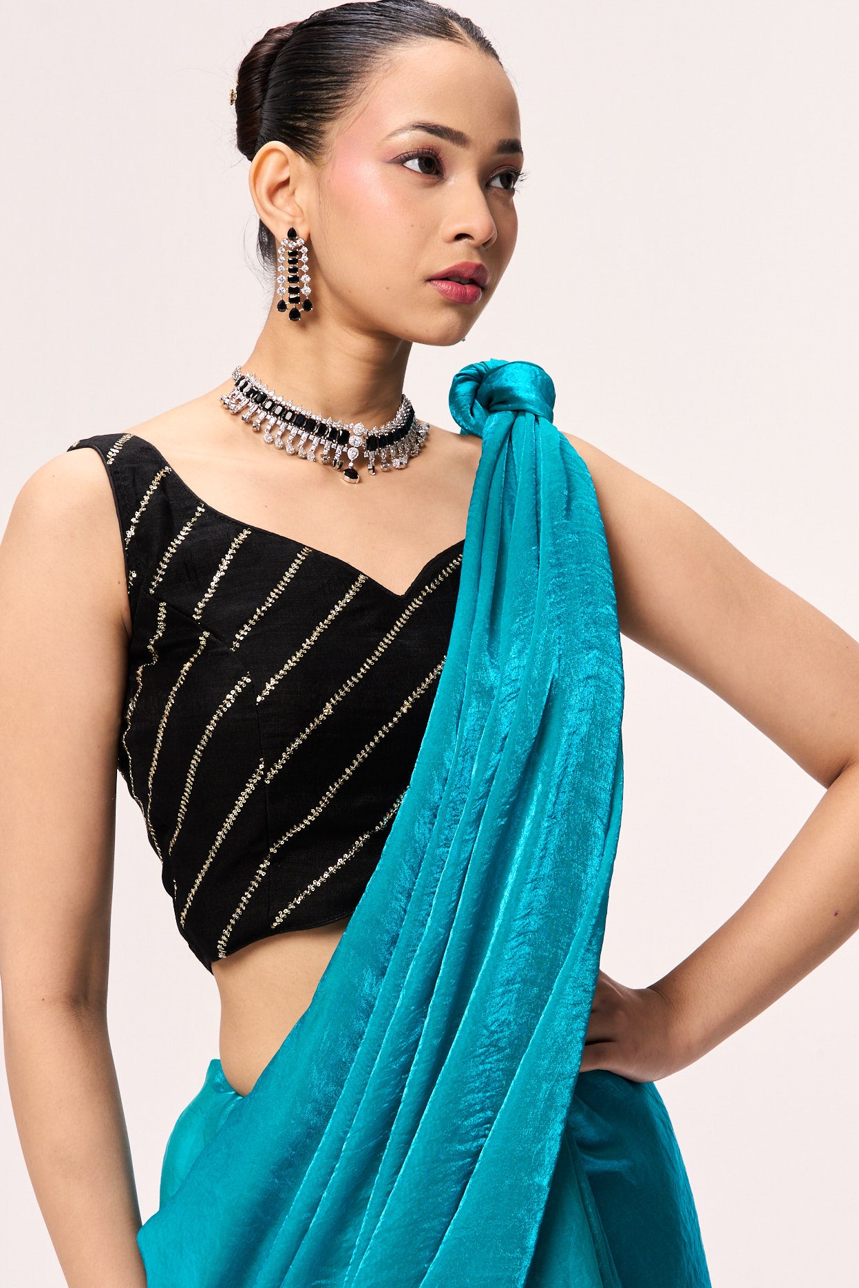 Azure Blue Metallic Satin Saree with Black Sequin Readymade Blouse