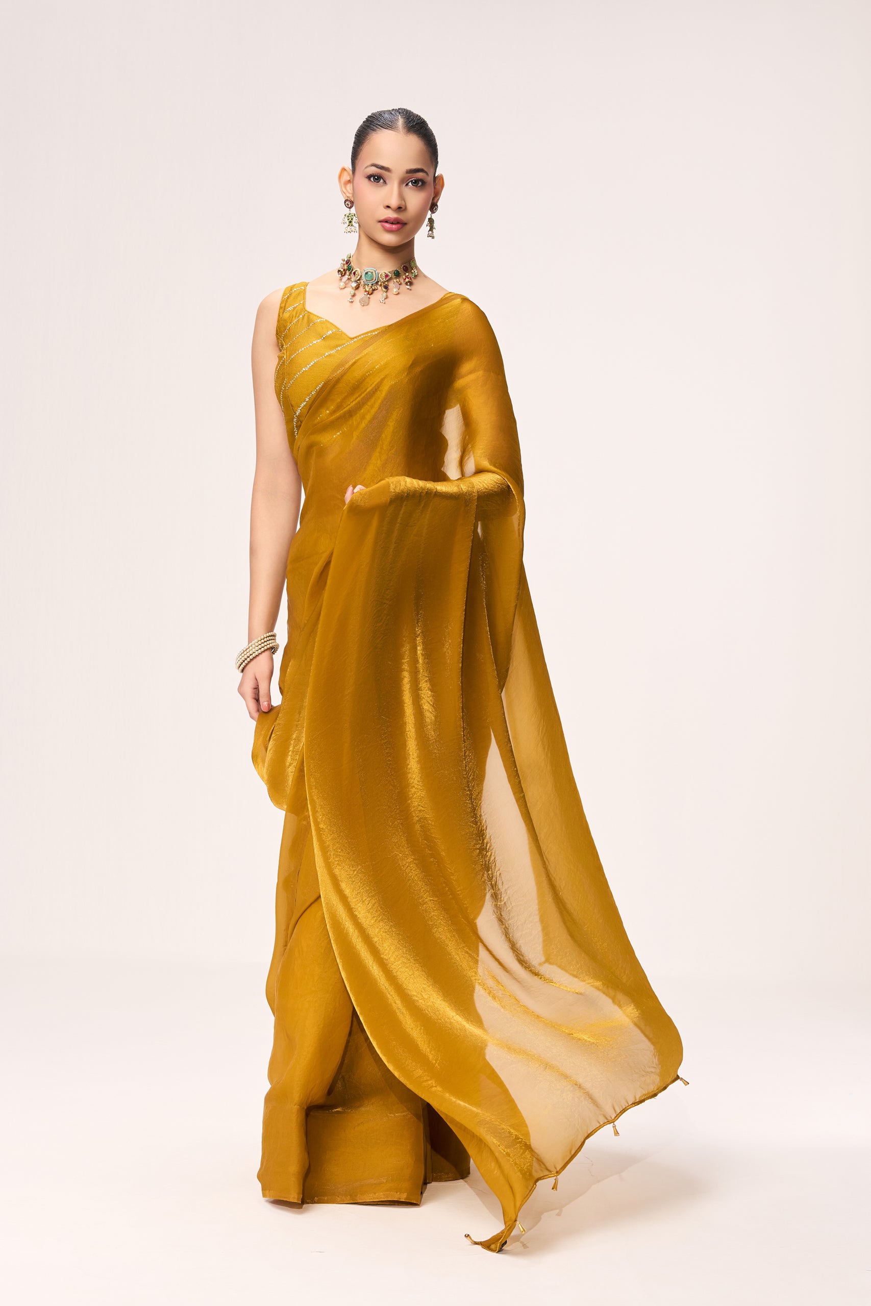 Yellow Metallic Satin Saree with Yellow Sequin Readymade Blouse