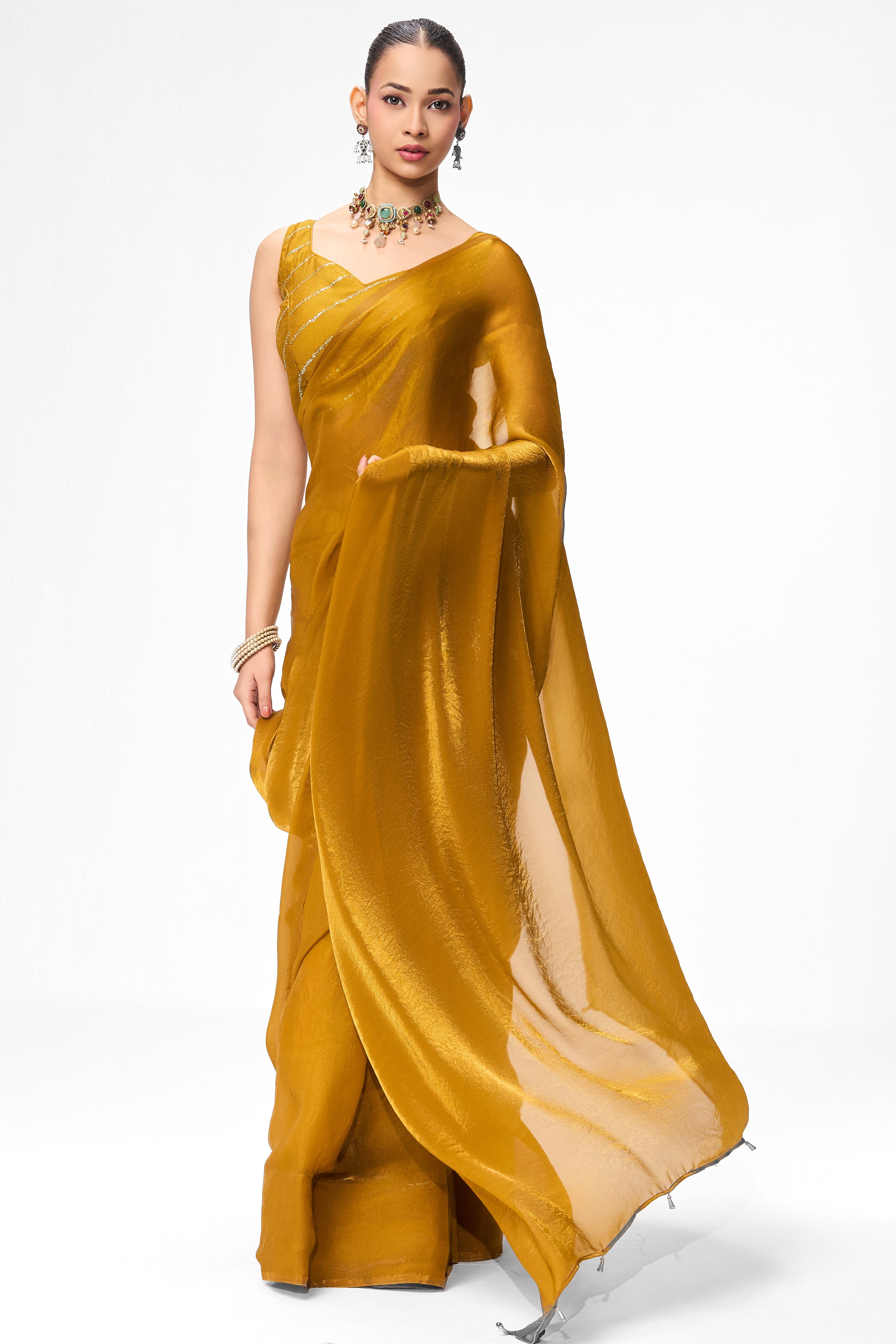 Yellow Metallic Satin Saree with Yellow Sequin Readymade Blouse