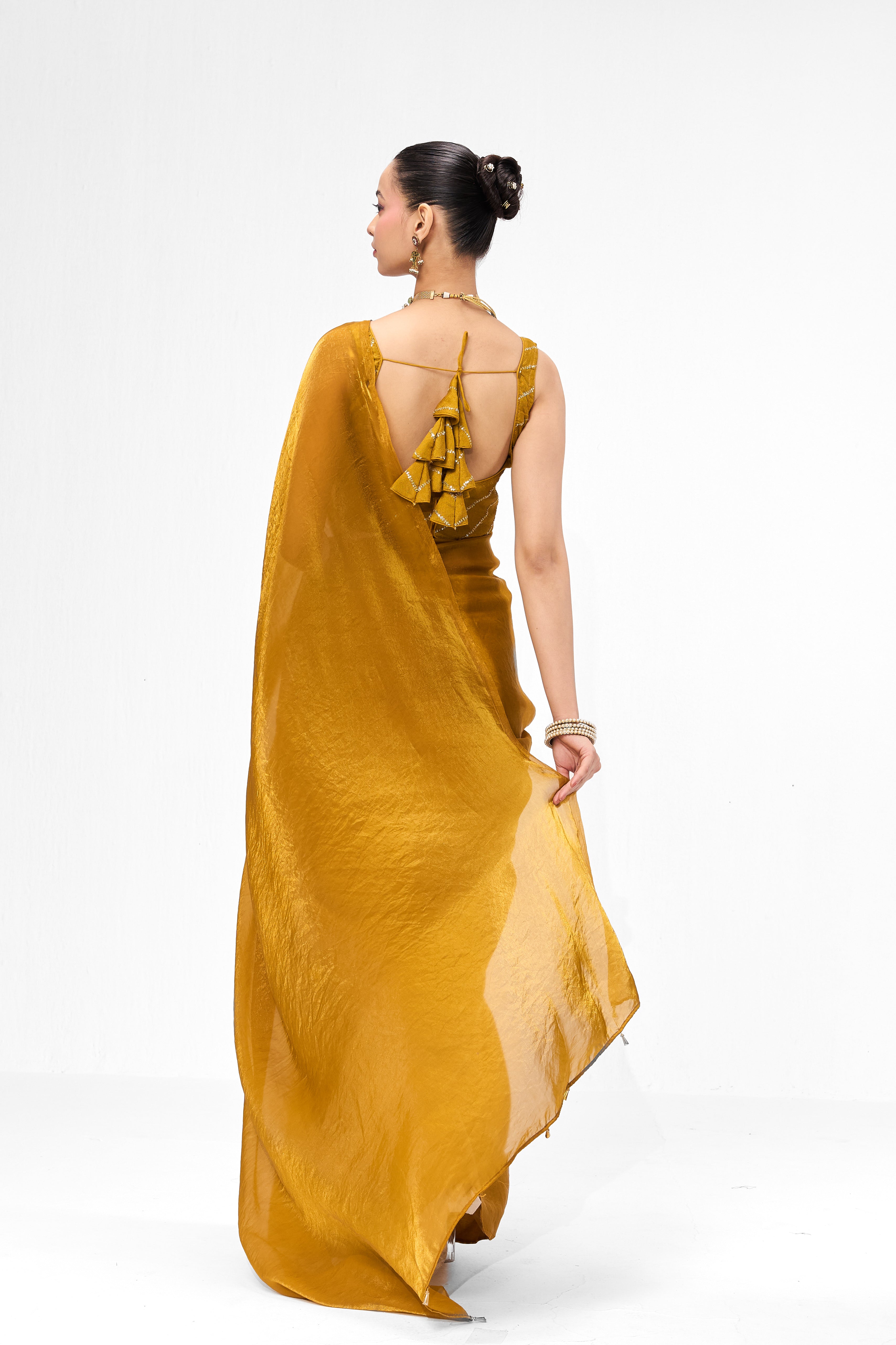 With Readymade Blouse - Yellow Metallic Satin Saree with Yellow Sequin Readymade Blouse